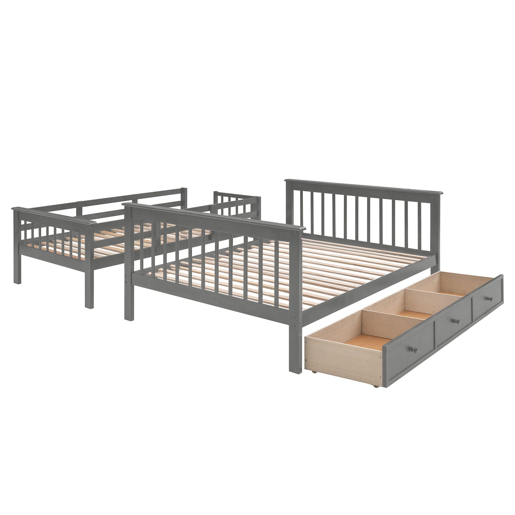 Shared Kids Room Twin Over Full Wood Bunk Bed with Staircase Storage Drawers, Guard Rail, Espresso Gray White | Just Better Bunk Beds