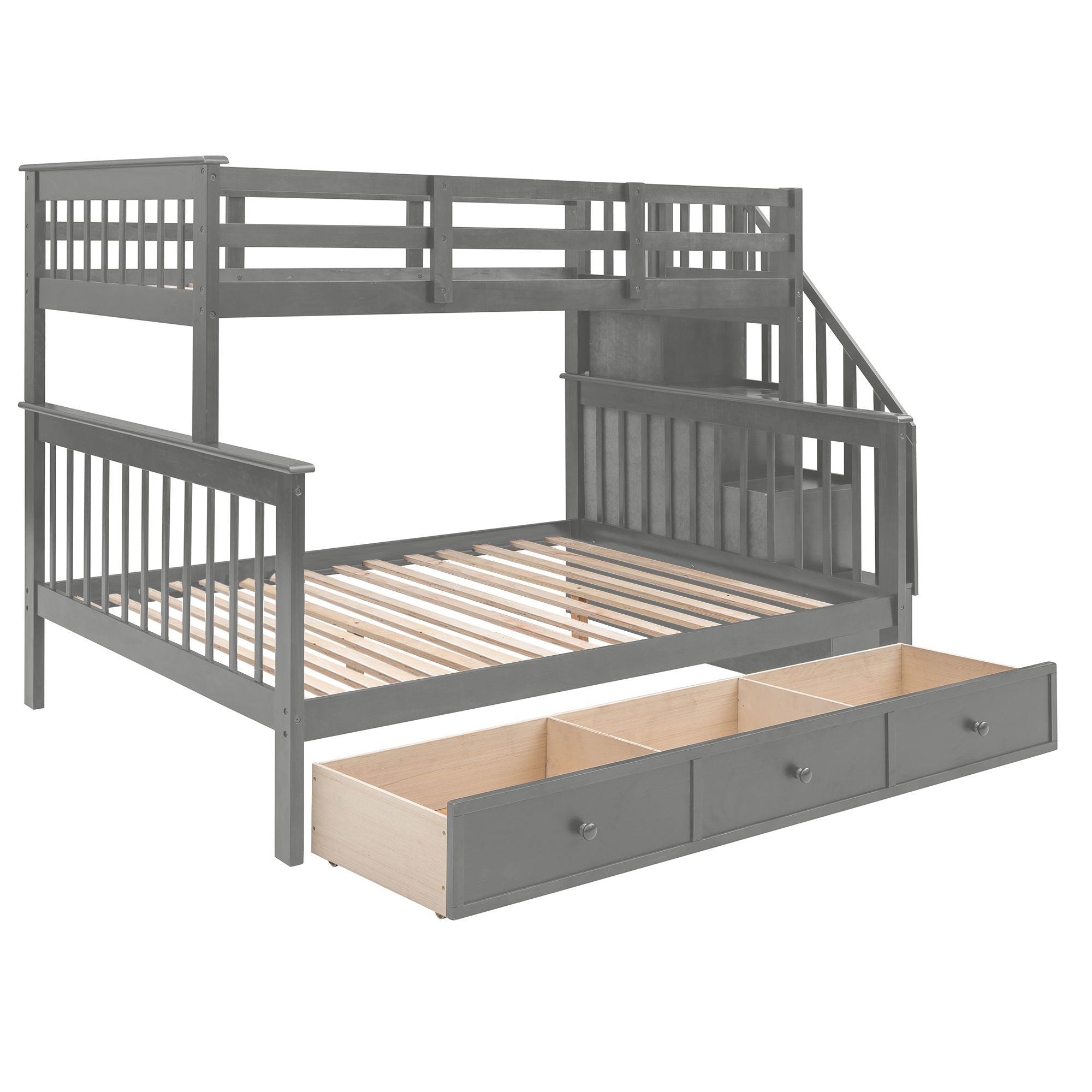 Shared Kids Room Twin Over Full Wood Bunk Bed with Staircase Storage Drawers, Guard Rail, Espresso Gray White | Just Better Bunk Beds