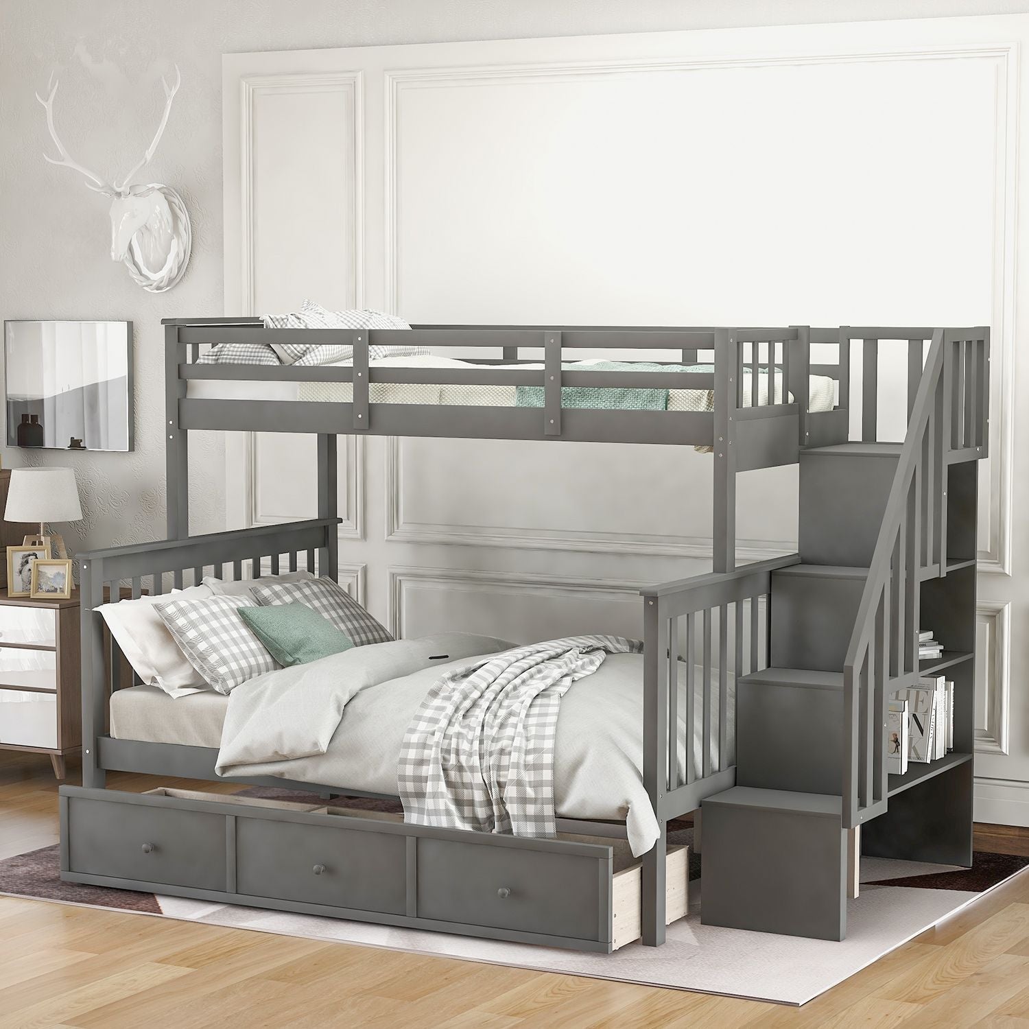 Shared Kids Room Twin Over Full Wood Bunk Bed with Staircase Storage Drawers, Guard Rail, Espresso Gray White | Just Better Bunk Beds