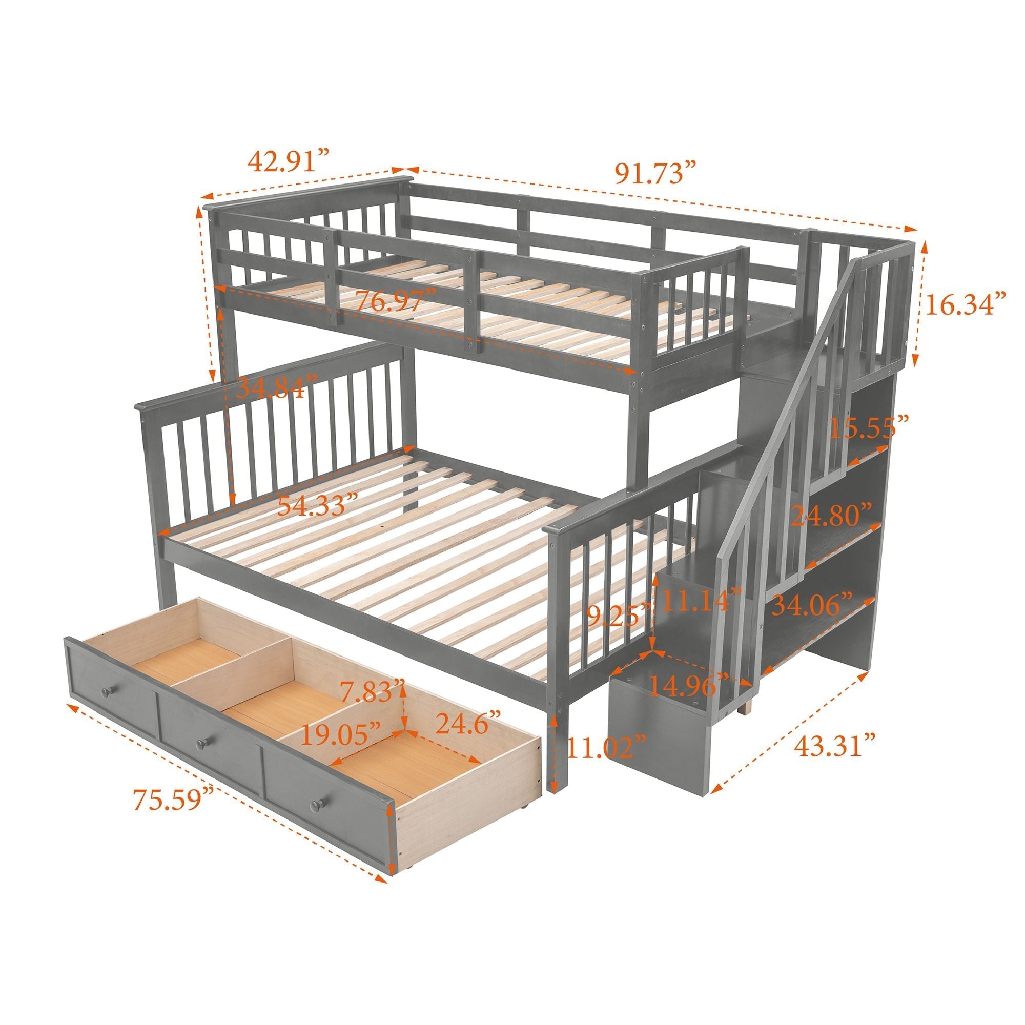 Shared Kids Room Twin Over Full Wood Bunk Bed with Staircase Storage Drawers, Guard Rail, Espresso Gray White | Just Better Bunk Beds