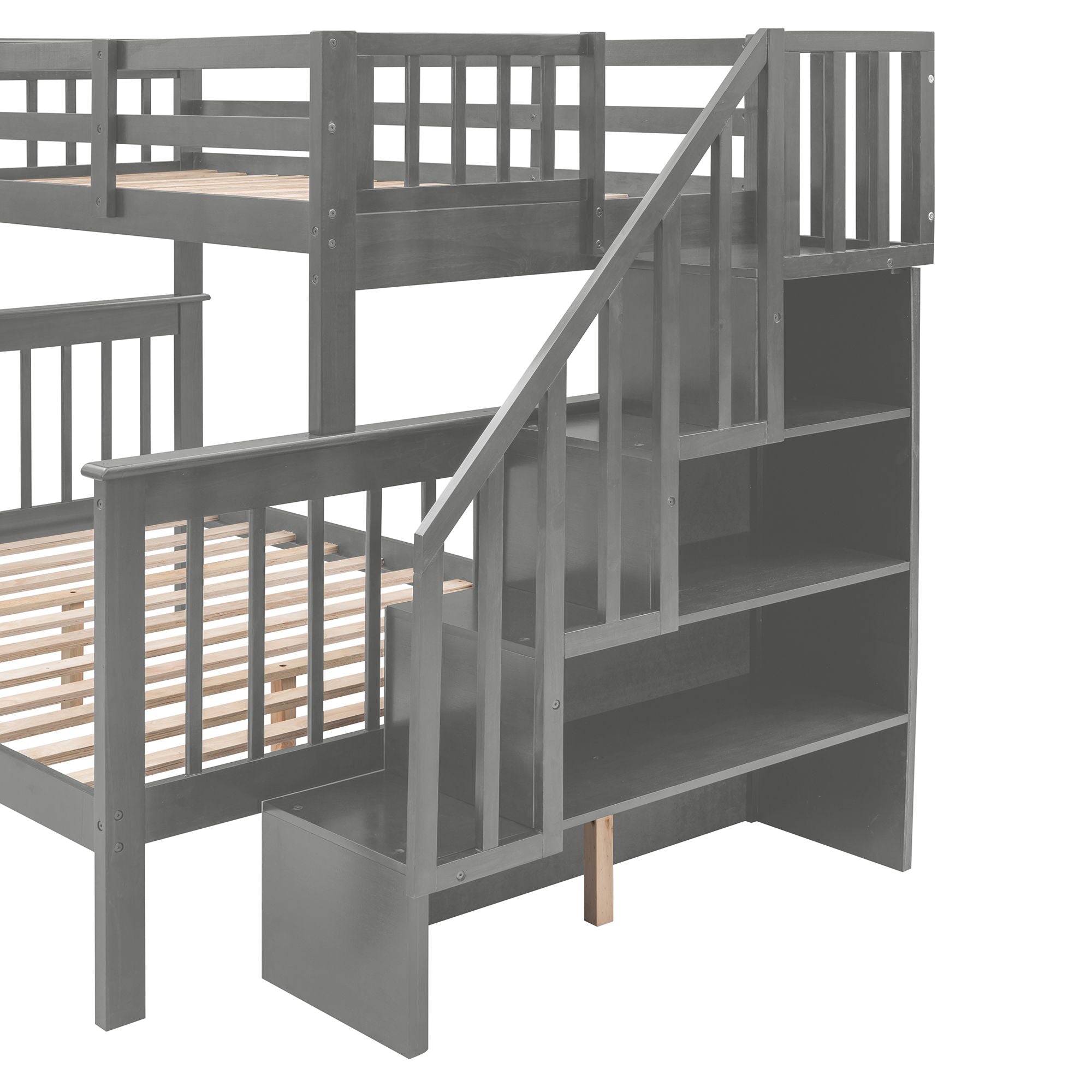 Shared Kids Room Twin Over Full Wood Bunk Bed with Staircase Storage Drawers, Guard Rail, Espresso Gray White | Just Better Bunk Beds