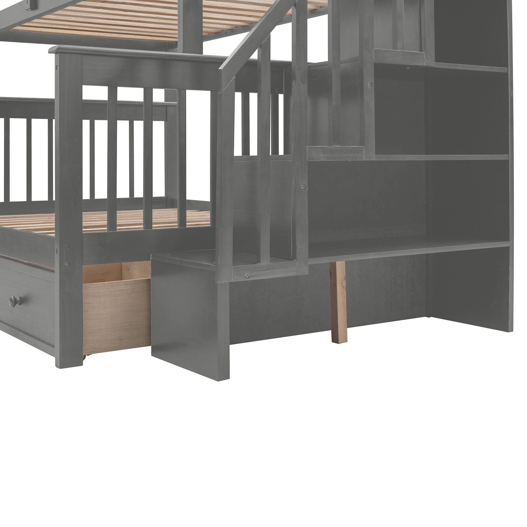 Shared Kids Room Twin Over Full Wood Bunk Bed with Staircase Storage Drawers, Guard Rail, Espresso Gray White | Just Better Bunk Beds
