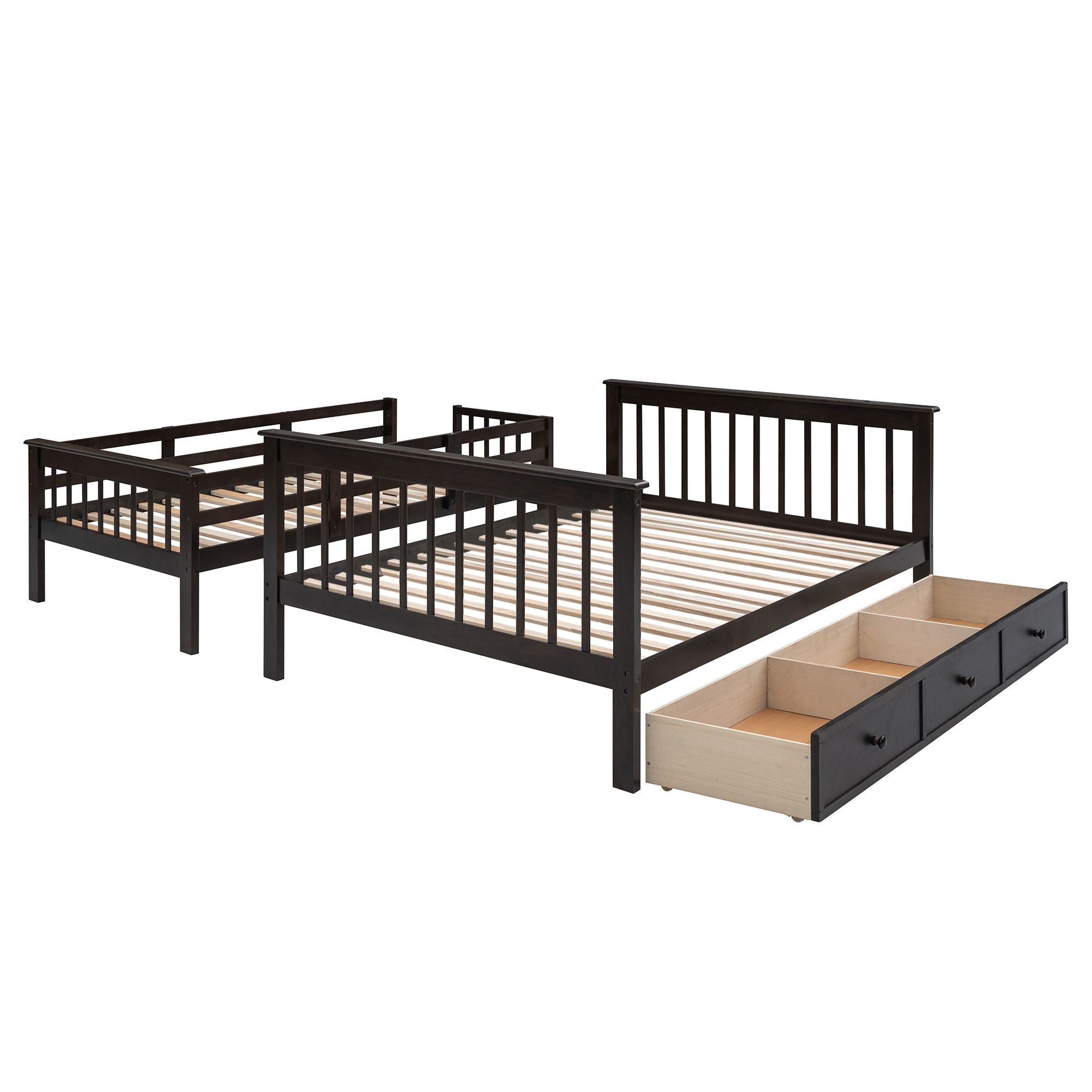 Shared Kids Room Twin-Over-Full Wood Bunk Bed with Stairway Storage Drawers and Guard Rail in Espresso | Just Better Bunk Beds