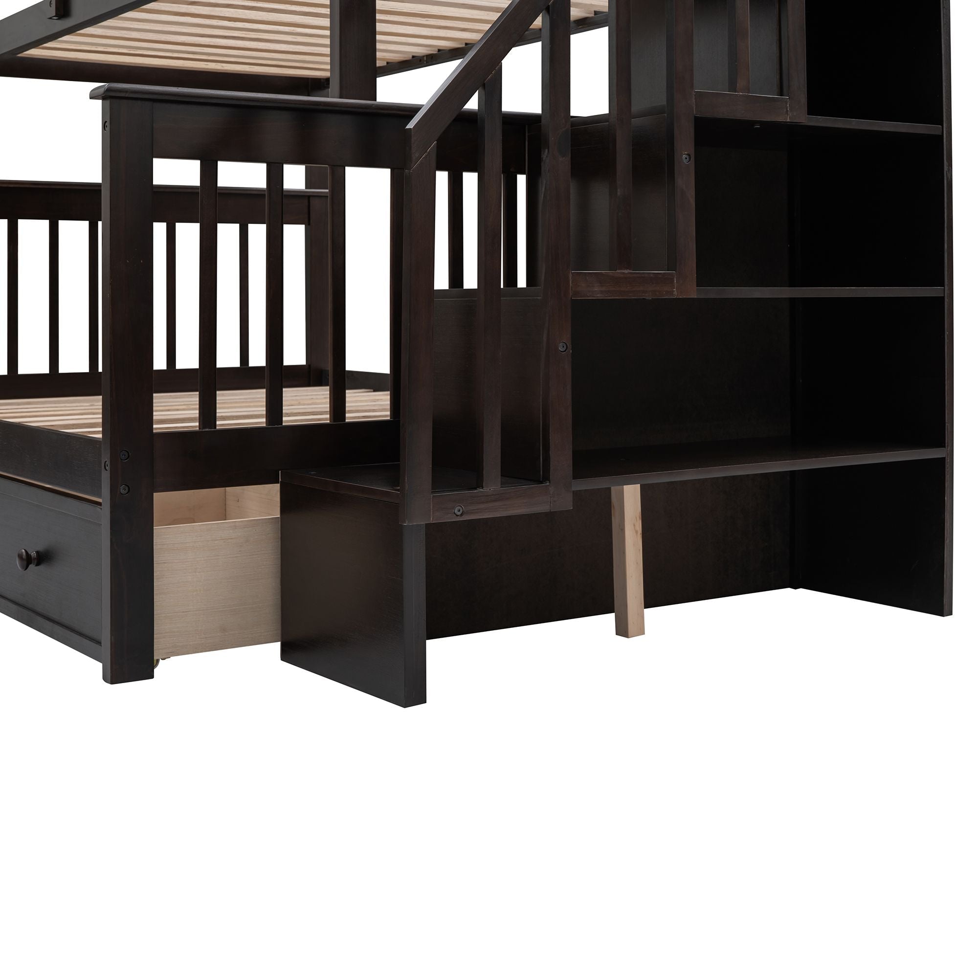 Shared Kids Room Twin-Over-Full Wood Bunk Bed with Stairway Storage Drawers and Guard Rail in Espresso | Just Better Bunk Beds