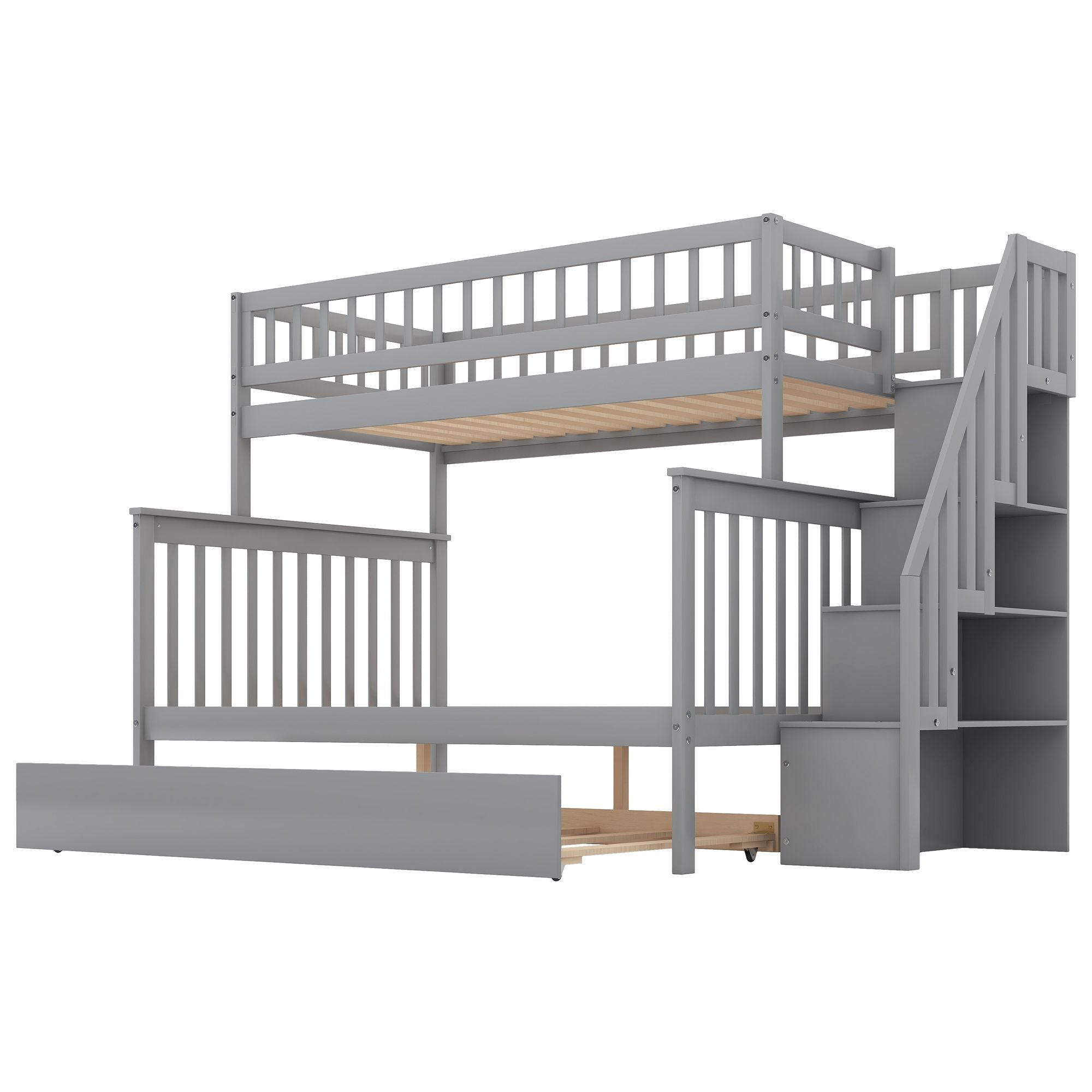 Shared Kids Room Twin over Full Wood Bunk Bed with Trundle, Staircase Storage, Gray or White | Just Better Bunk Beds