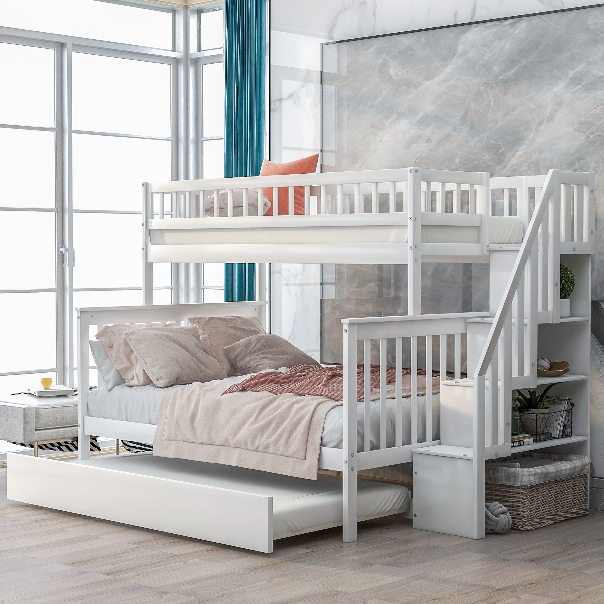 Shared Kids Room Twin over Full Wood Bunk Bed with Trundle, Staircase Storage, Gray or White | Just Better Bunk Beds