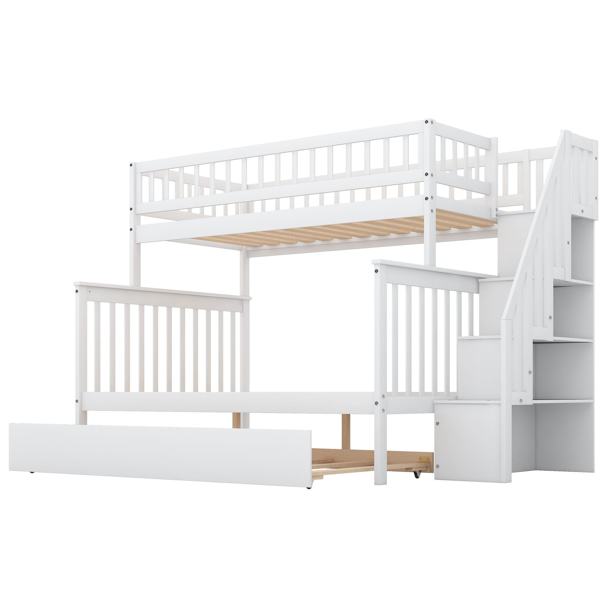 Shared Kids Room Twin over Full Wood Bunk Bed with Trundle, Staircase Storage, Gray or White | Just Better Bunk Beds