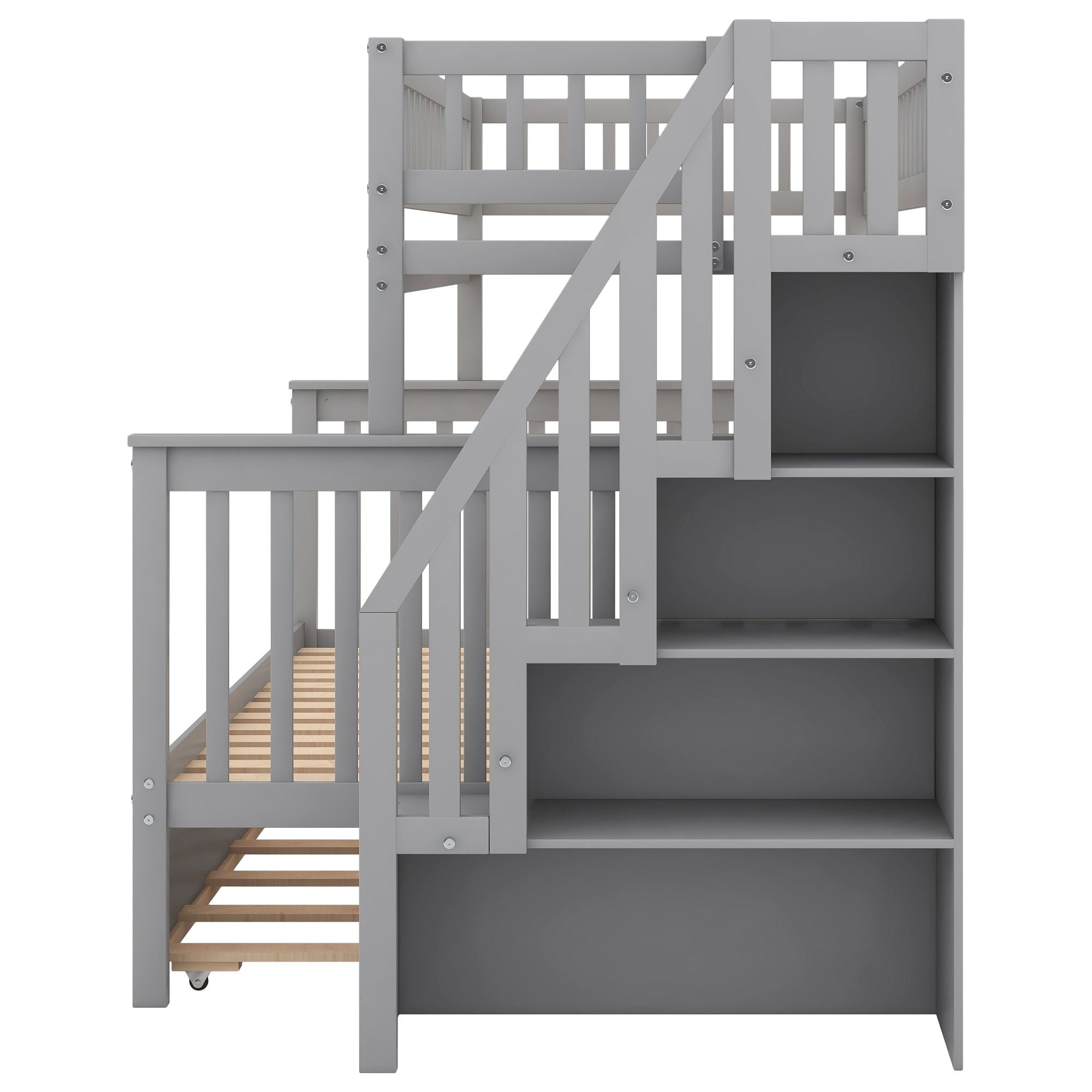 Shared Kids Room Twin over Full Wood Bunk Bed with Trundle, Staircase Storage, Gray or White | Just Better Bunk Beds