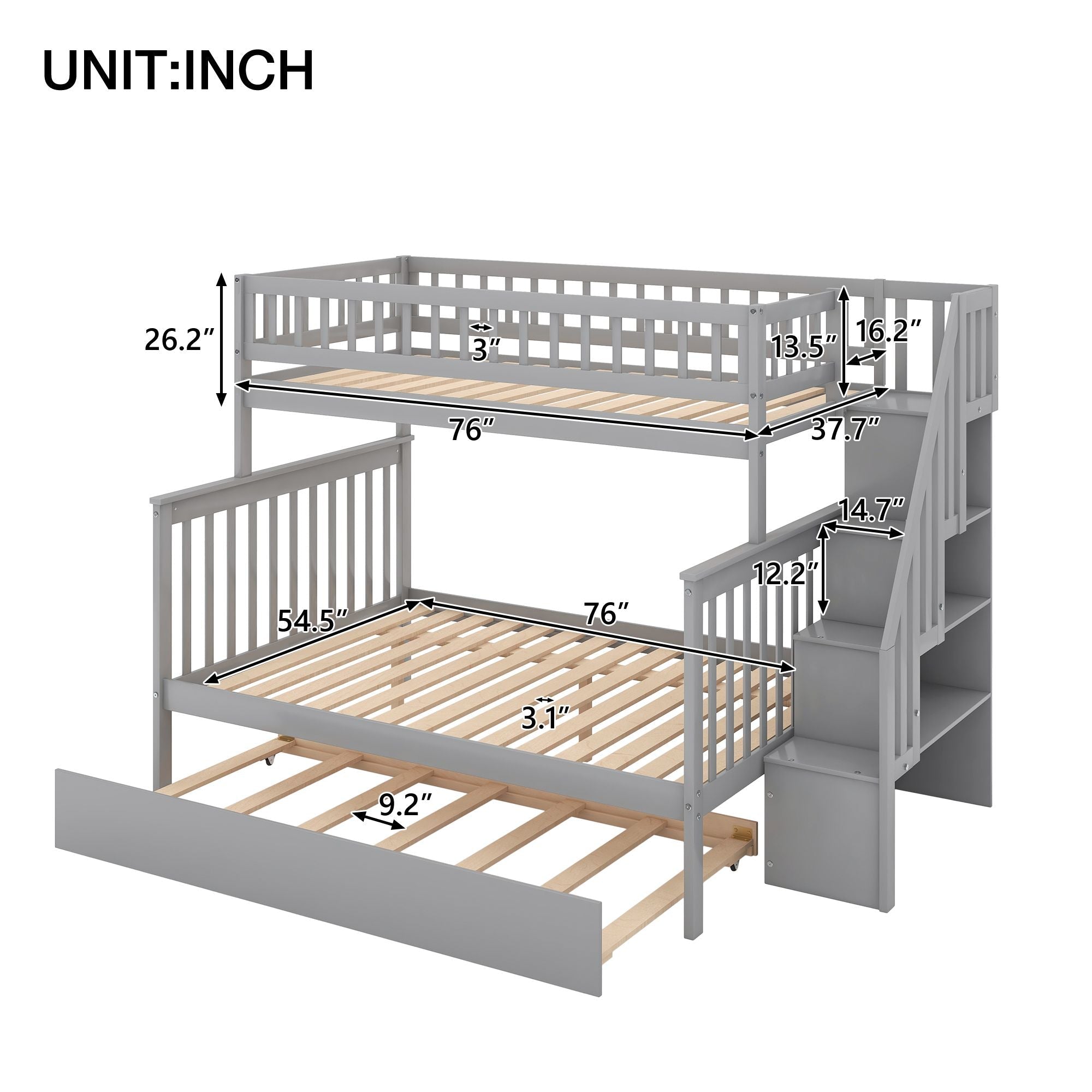 Shared Kids Room Twin over Full Wood Bunk Bed with Trundle, Staircase Storage, Gray or White | Just Better Bunk Beds
