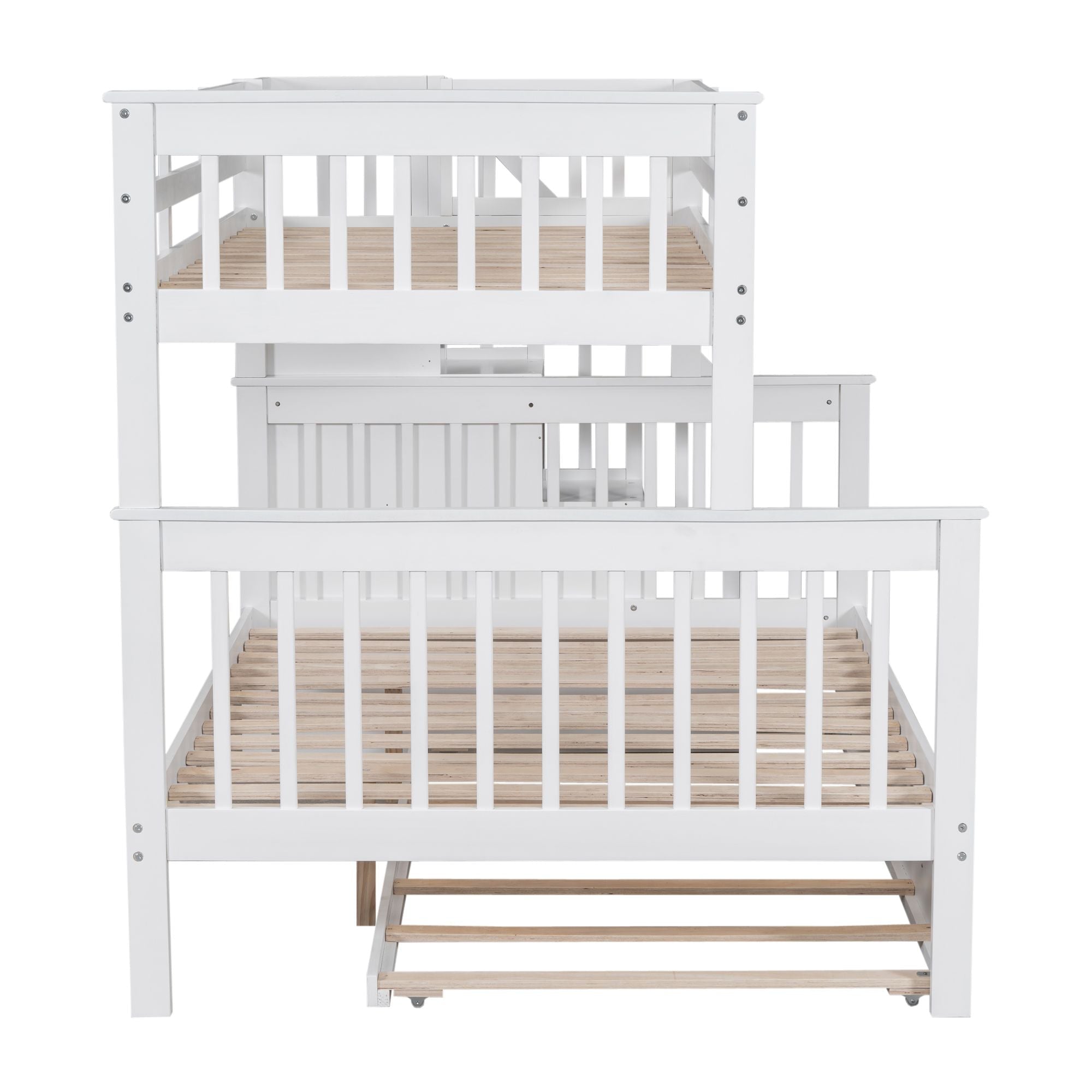 Shared Kids Room Twin Over Full Wood Bunk Bed with Trundle, Storage, Stairs, and Guard Rail in White | Just Better Bunk Beds