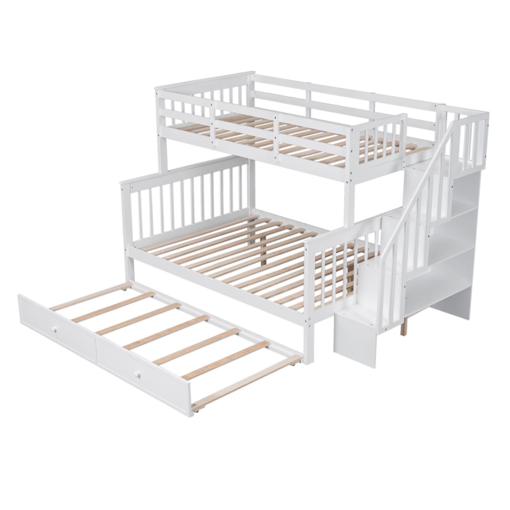 Shared Kids Room Twin Over Full Wood Bunk Bed with Trundle, Storage, Stairs, and Guard Rail in White | Just Better Bunk Beds