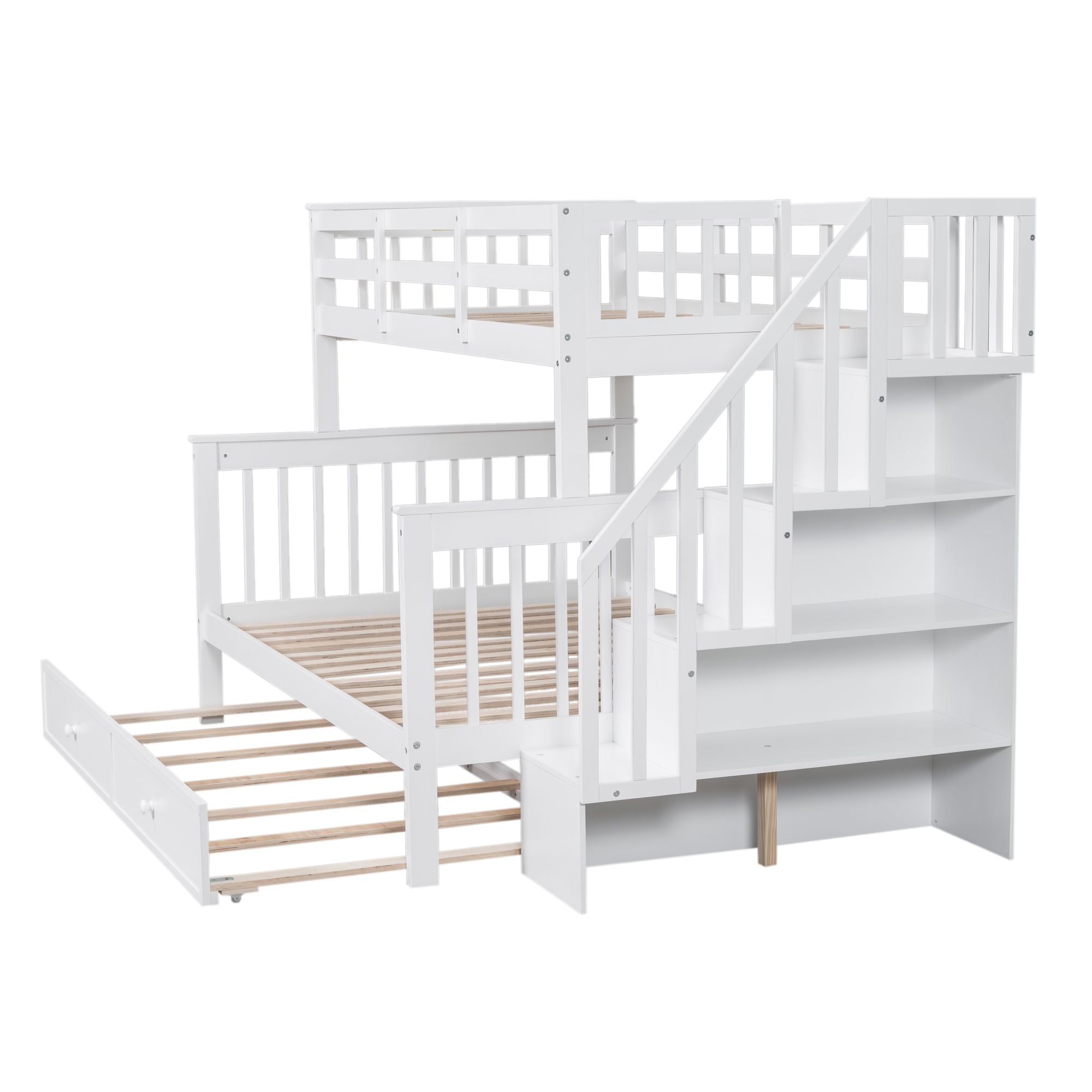 Shared Kids Room Twin Over Full Wood Bunk Bed with Trundle, Storage, Stairs, and Guard Rail in White | Just Better Bunk Beds