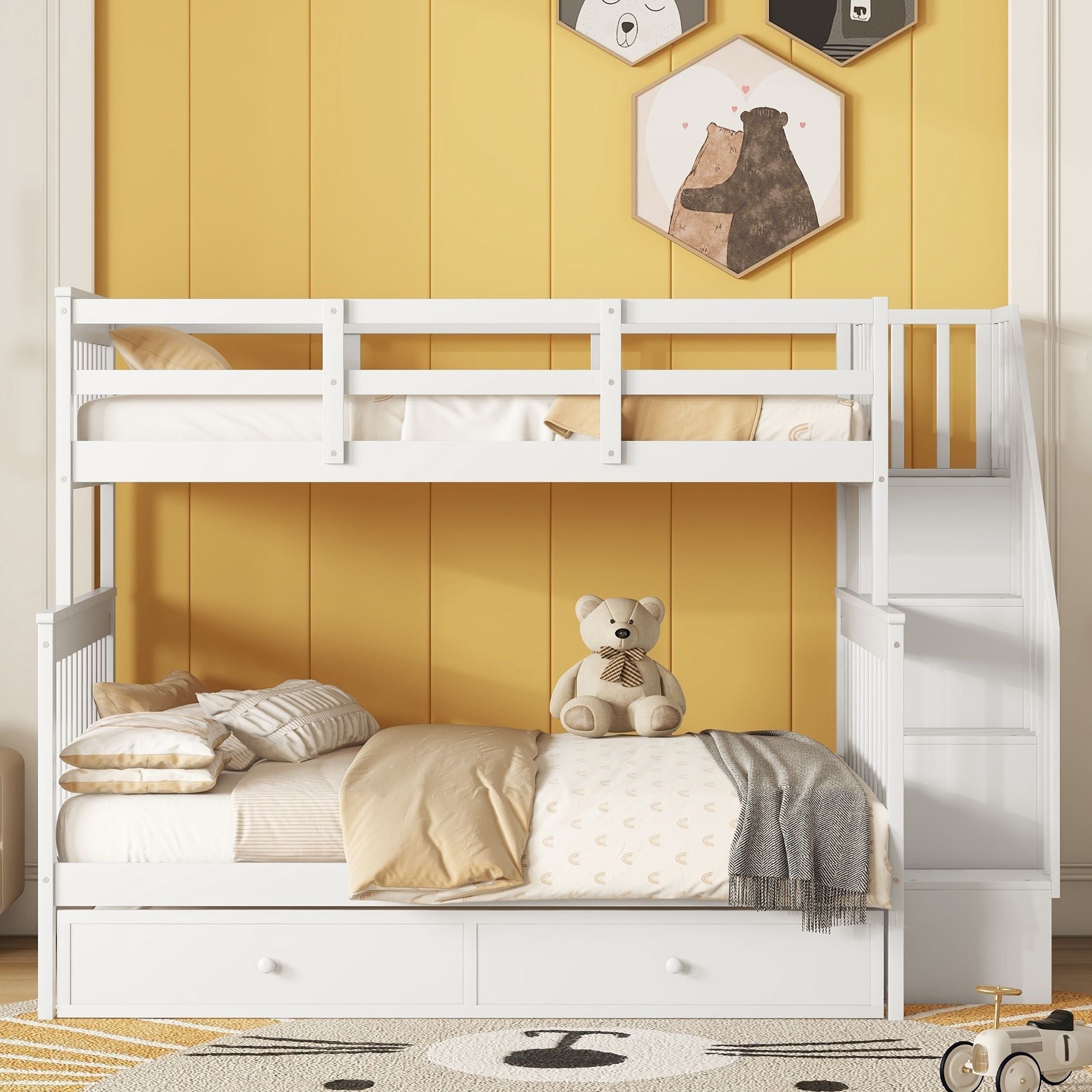 Shared Kids Room Twin Over Full Wood Bunk Bed with Trundle, Storage, Stairs, and Guard Rail in White | Just Better Bunk Beds