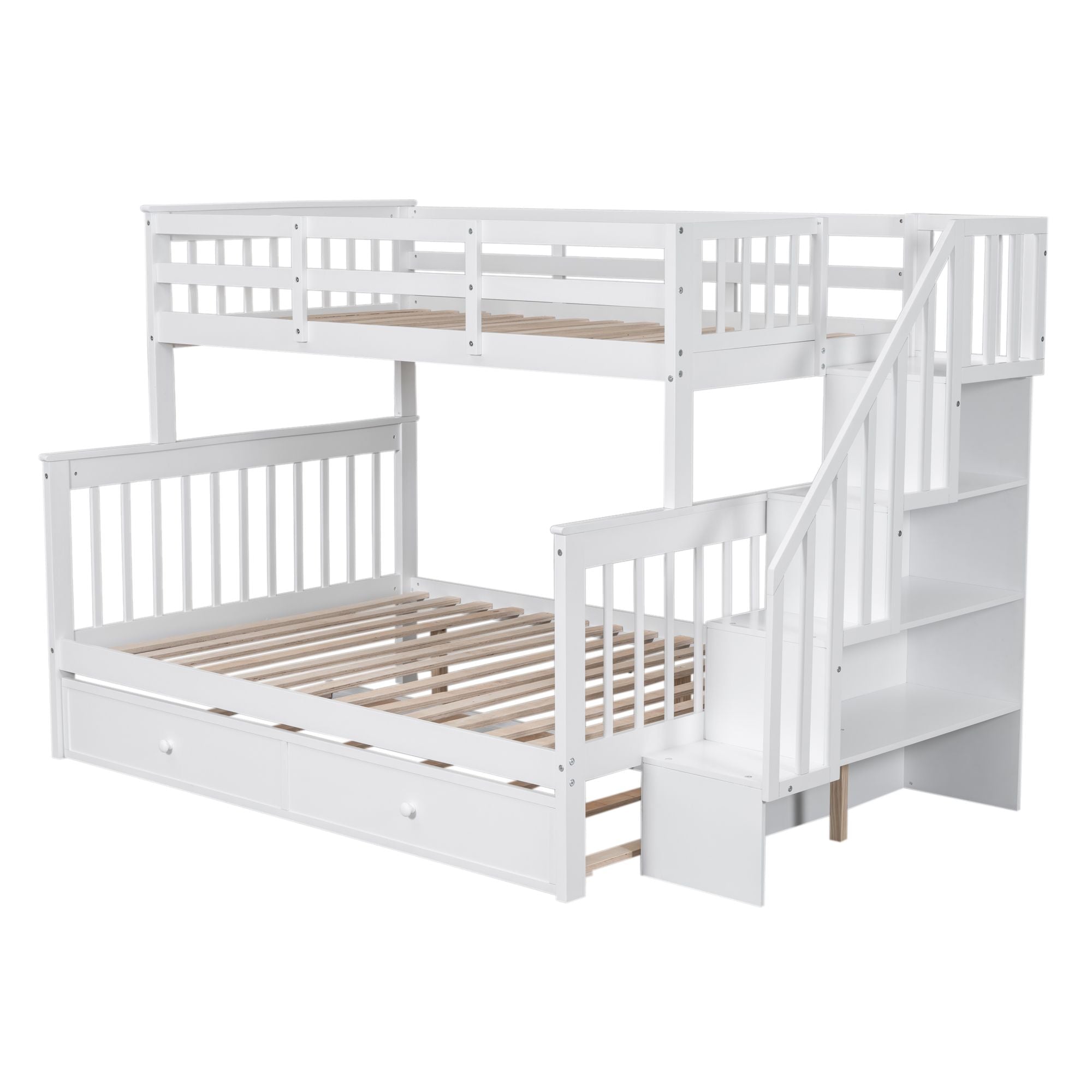Shared Kids Room Twin Over Full Wood Bunk Bed with Trundle, Storage, Stairs, and Guard Rail in White | Just Better Bunk Beds