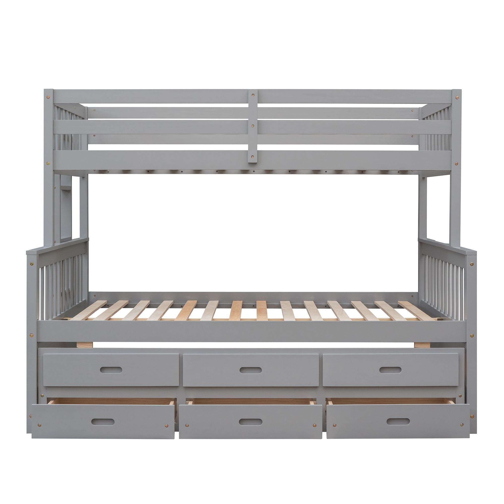 Shared Kids Room Twin Over Full Wood Bunk Bed with Twin Trundle and Storage Drawers, Gray | Just Better Bunk Beds