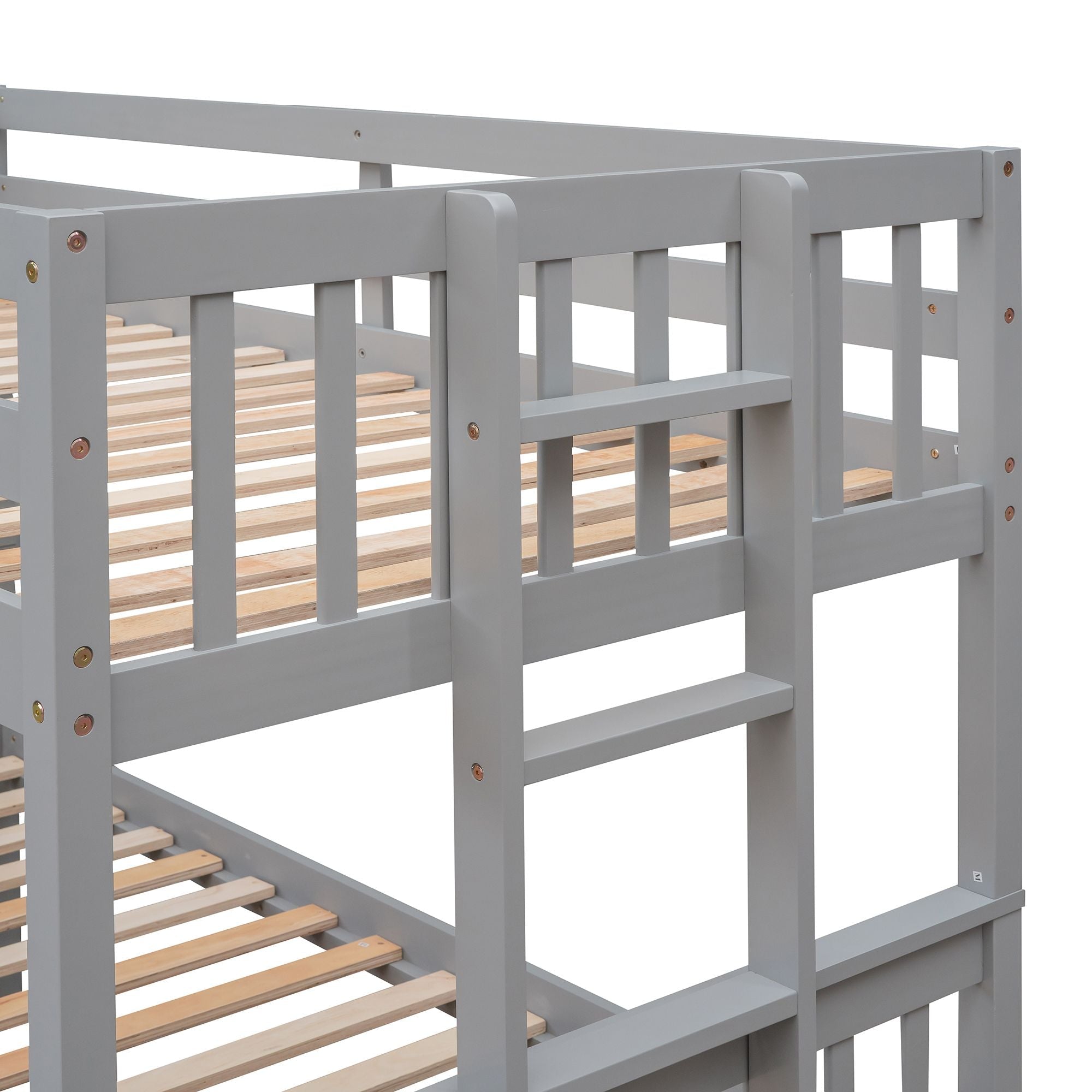 Shared Kids Room Twin Over Full Wood Bunk Bed with Twin Trundle and Storage Drawers, Gray | Just Better Bunk Beds
