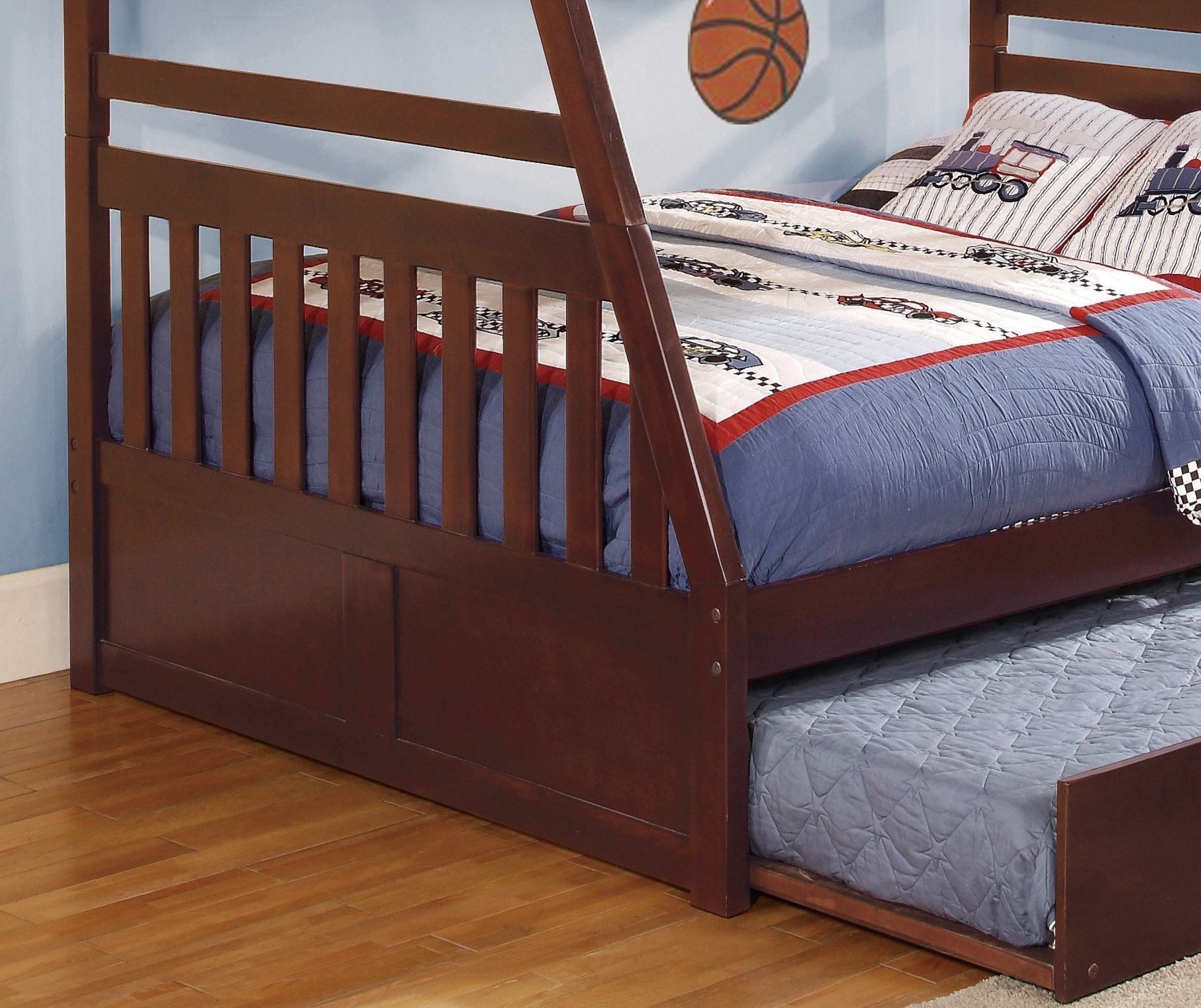 Shared Kids Room Twin Over Full Wood Bunk Bed with Twin Trundle Dark Cherry | Just Better Bunk Beds