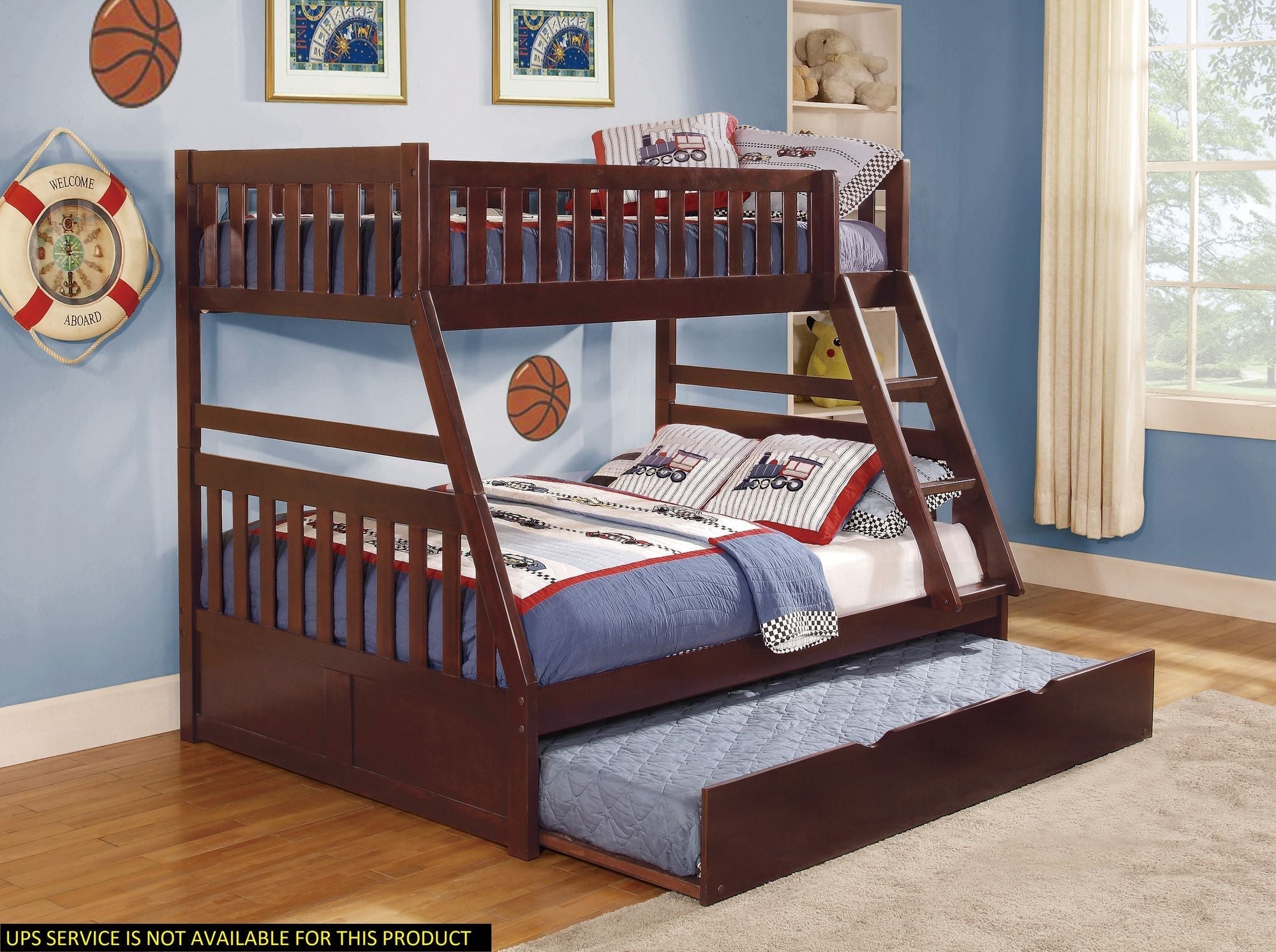 Shared Kids Room Twin Over Full Wood Bunk Bed with Twin Trundle Dark Cherry | Just Better Bunk Beds