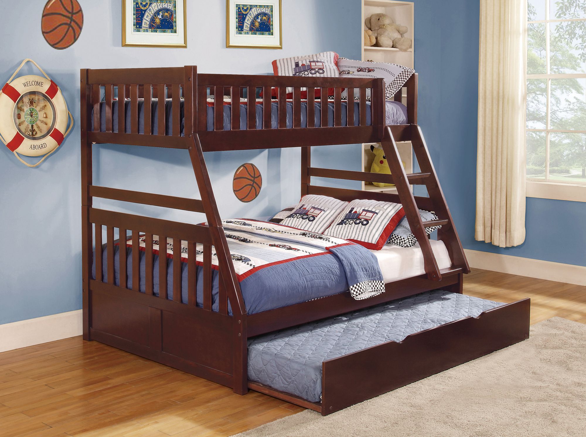 Shared Kids Room Twin Over Full Wood Bunk Bed with Twin Trundle Dark Cherry | Just Better Bunk Beds