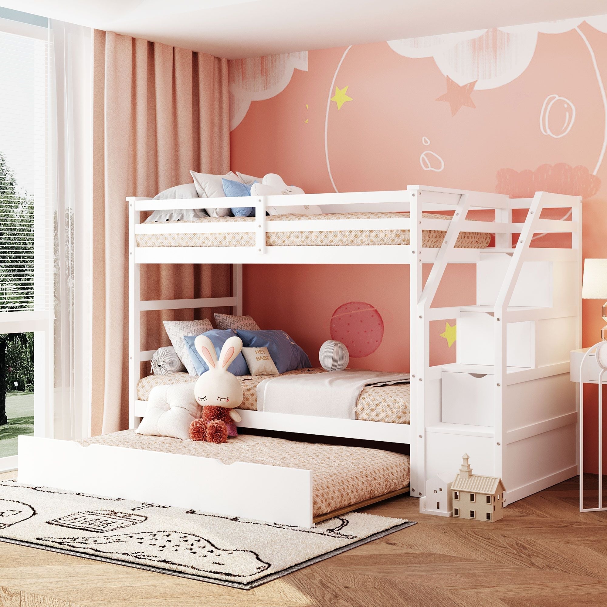 Shared Kids Room Twin-Over-Twin Bunk Bed with Trundle and 3-Storage Stairs Wood White | Just Better Bunk Beds