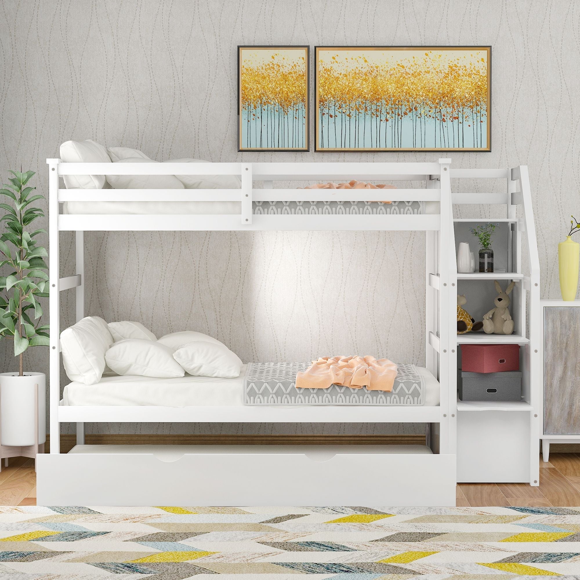 Shared Kids Room Twin-Over-Twin Bunk Bed with Trundle and 3-Storage Stairs Wood White | Just Better Bunk Beds