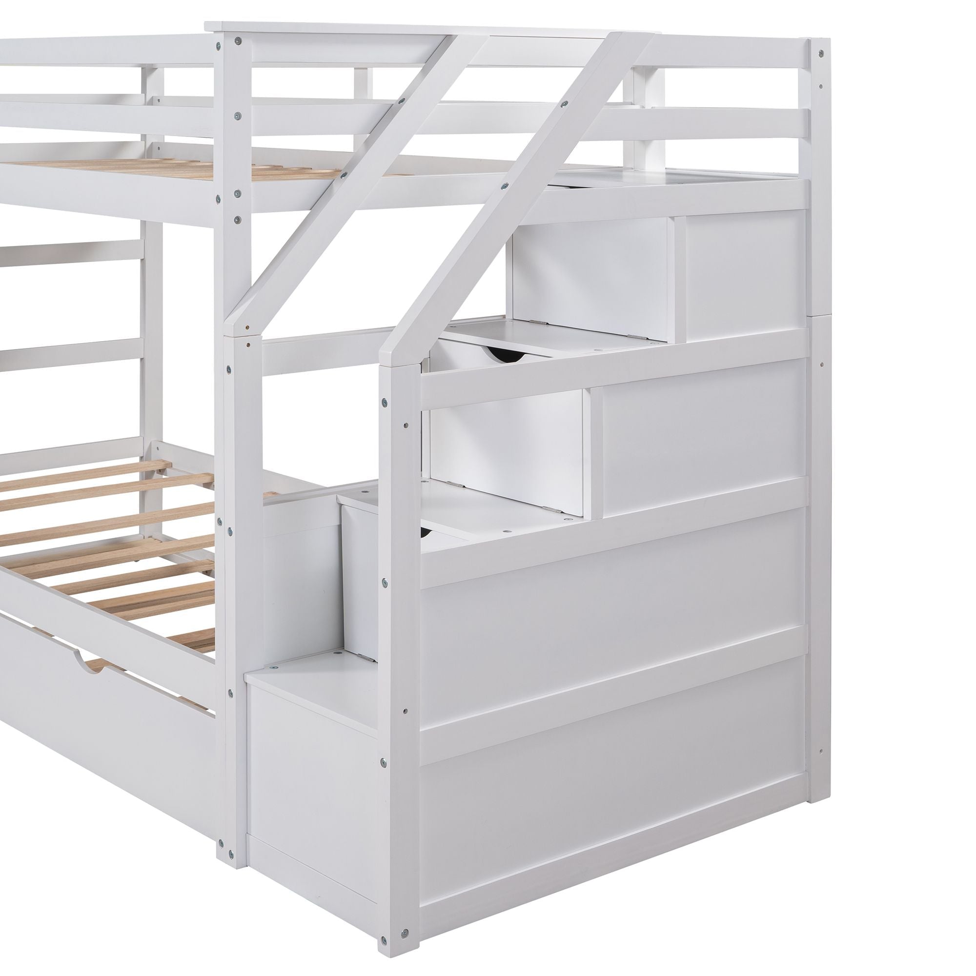 Shared Kids Room Twin-Over-Twin Bunk Bed with Trundle and 3-Storage Stairs Wood White | Just Better Bunk Beds