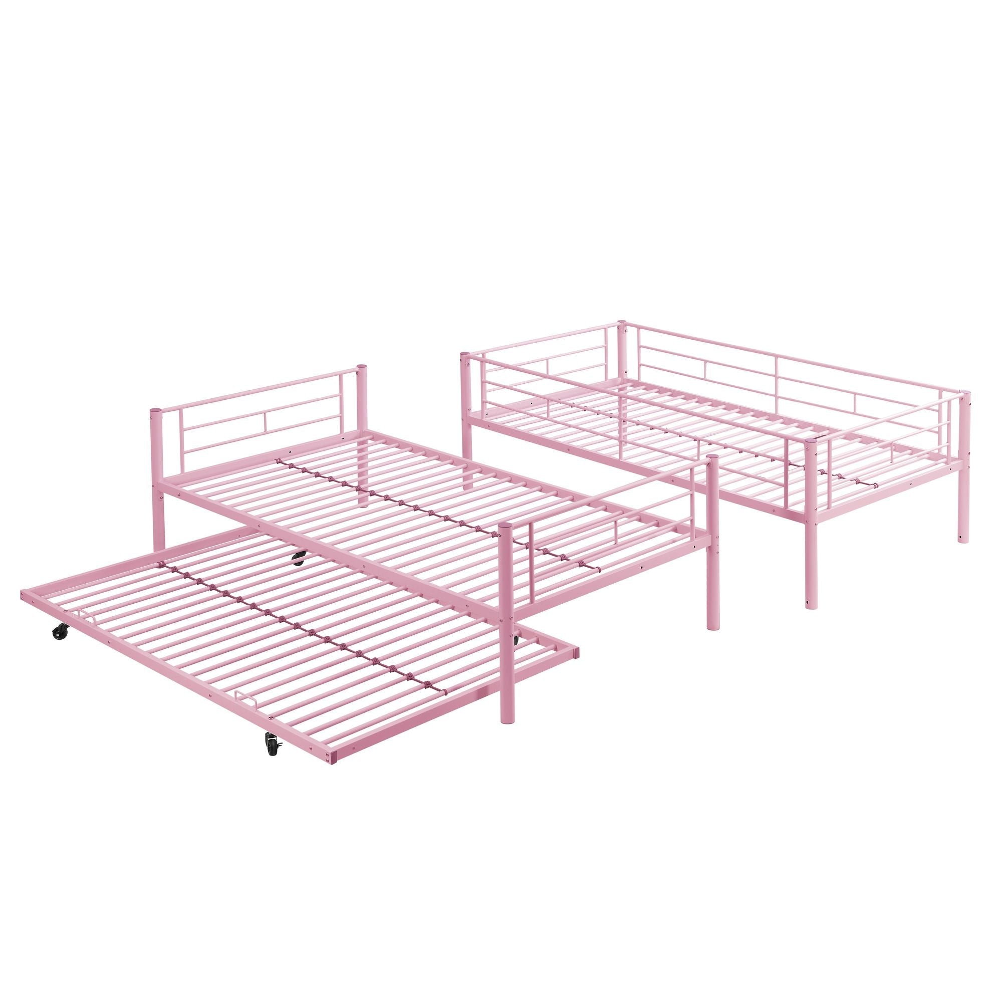 Shared Kids Room Twin Over Twin Metal Bunk Bed with Trundle, Guard Rails, and Two Ladders | Just Better Bunk Beds