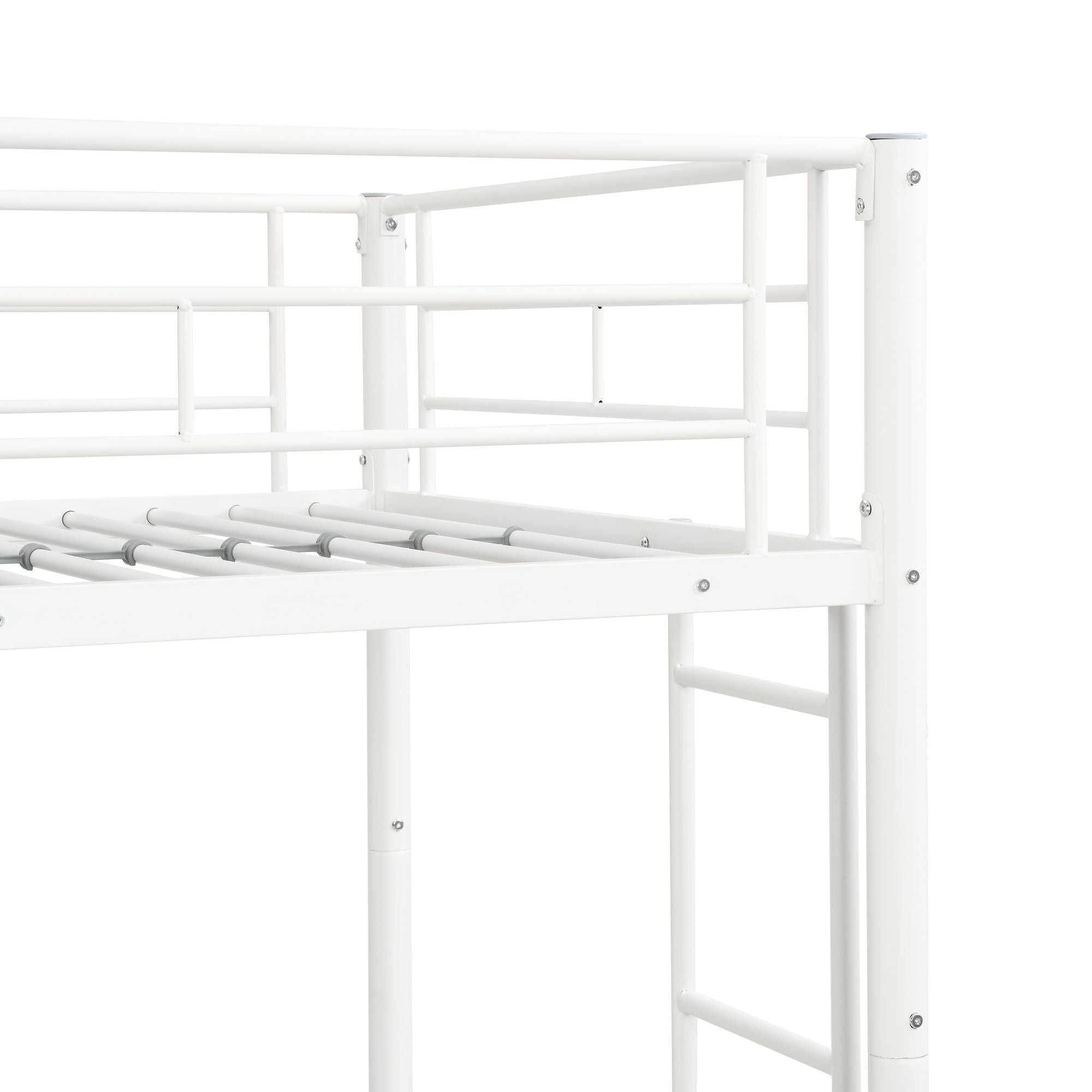 Shared Kids Room Twin Over Twin Metal Bunk Bed with Trundle, Guard Rails, and Two Ladders | Just Better Bunk Beds