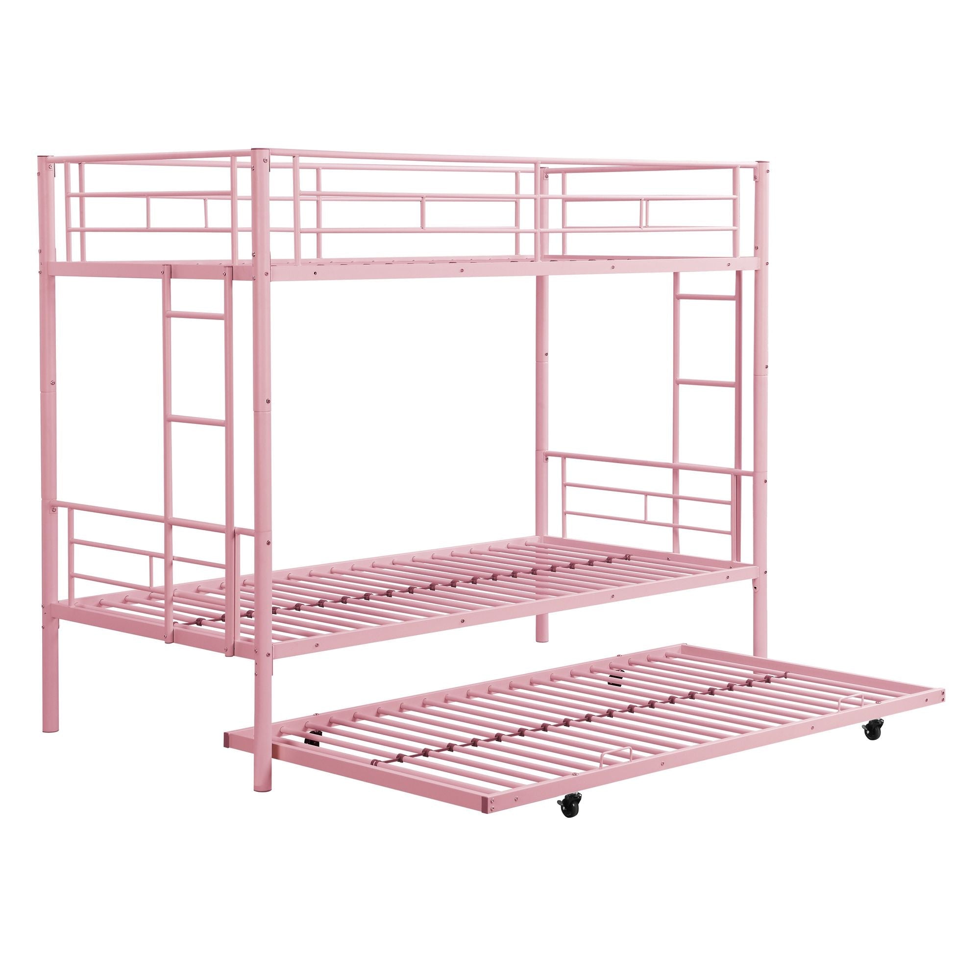 Shared Kids Room Twin Over Twin Metal Bunk Bed with Trundle, Guard Rails, and Two Ladders | Just Better Bunk Beds
