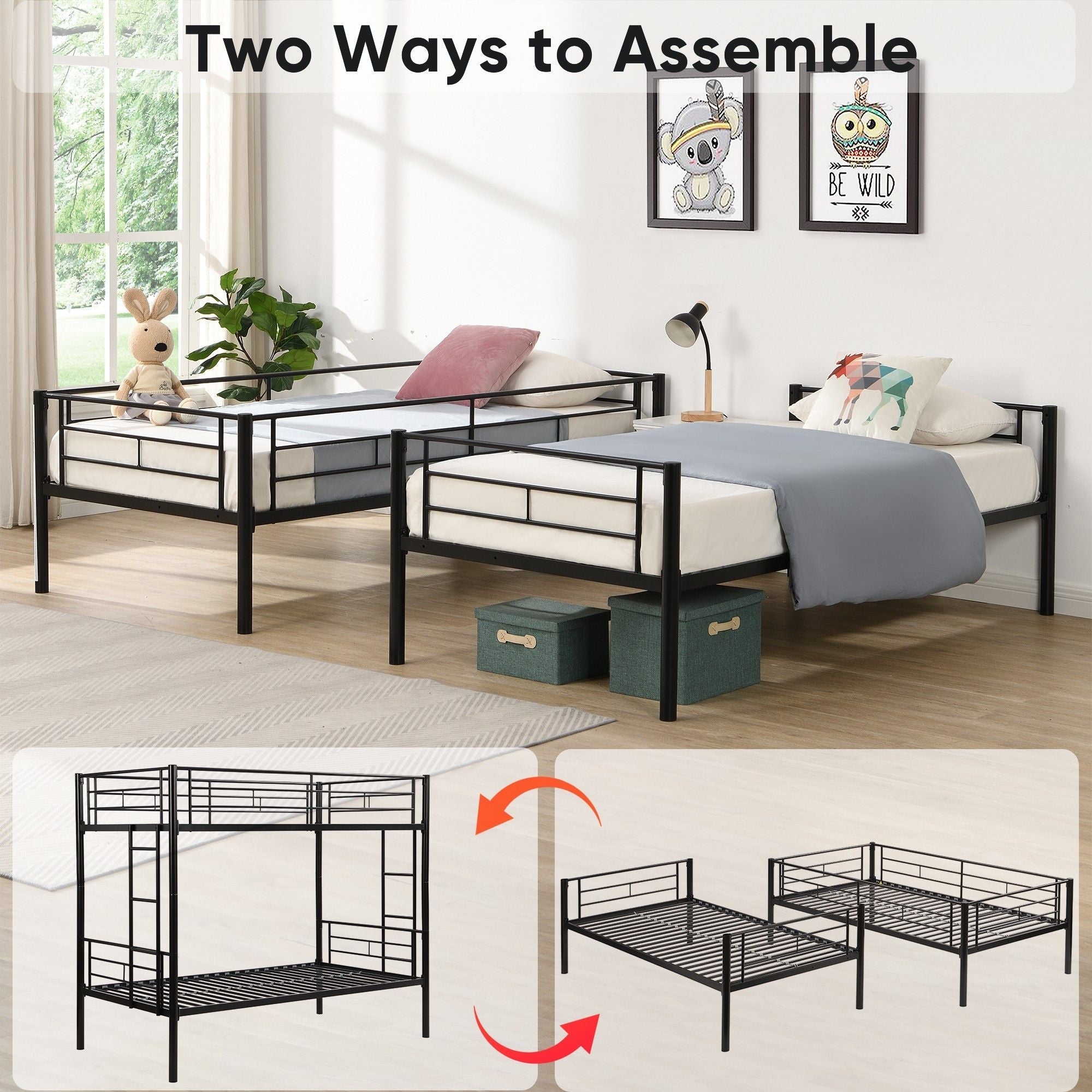 Shared Kids Room Twin Over Twin Metal Bunk Bed with Trundle, Guard Rails, and Two Ladders | Just Better Bunk Beds