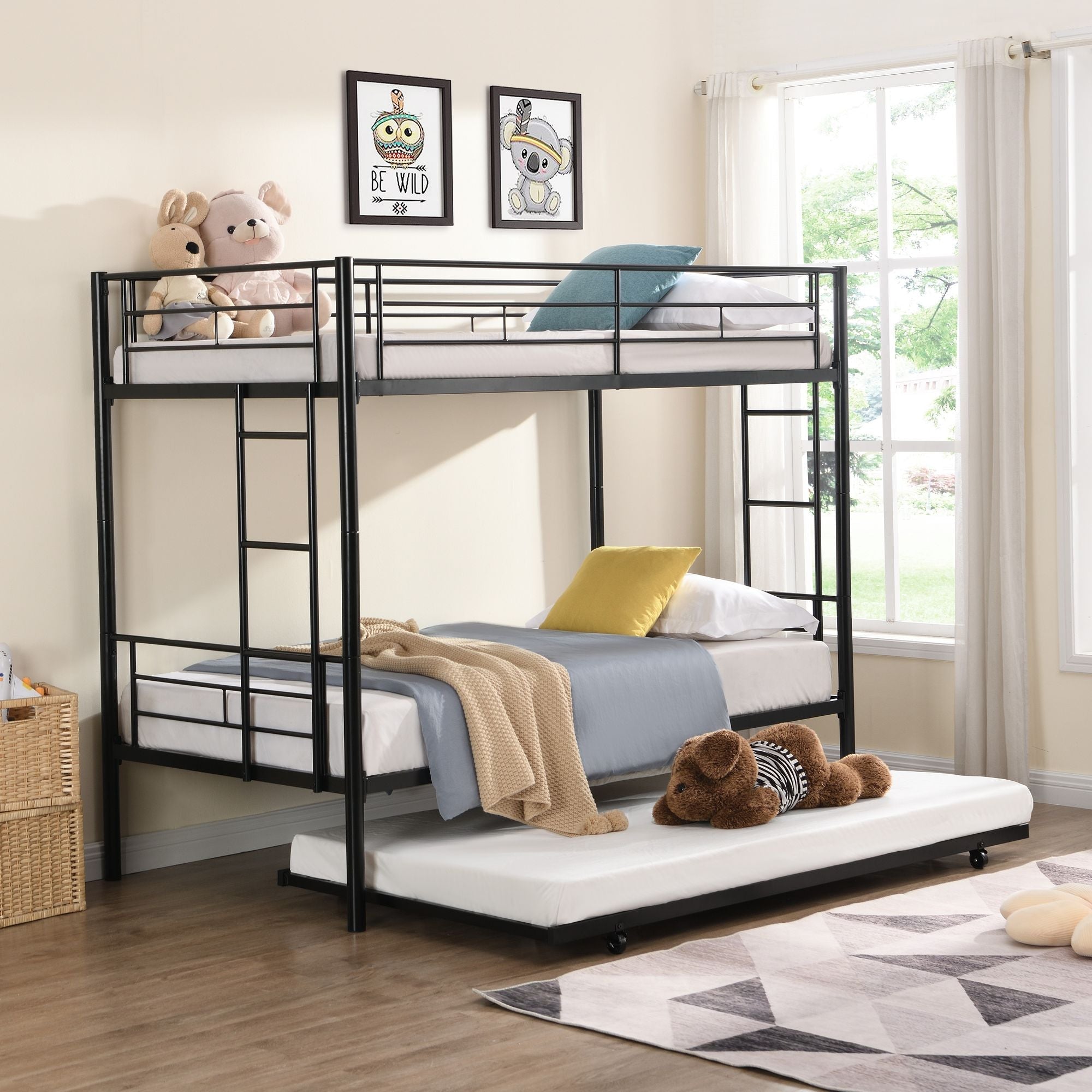 Shared Kids Room Twin Over Twin Metal Bunk Bed with Trundle, Guard Rails, and Two Ladders | Just Better Bunk Beds