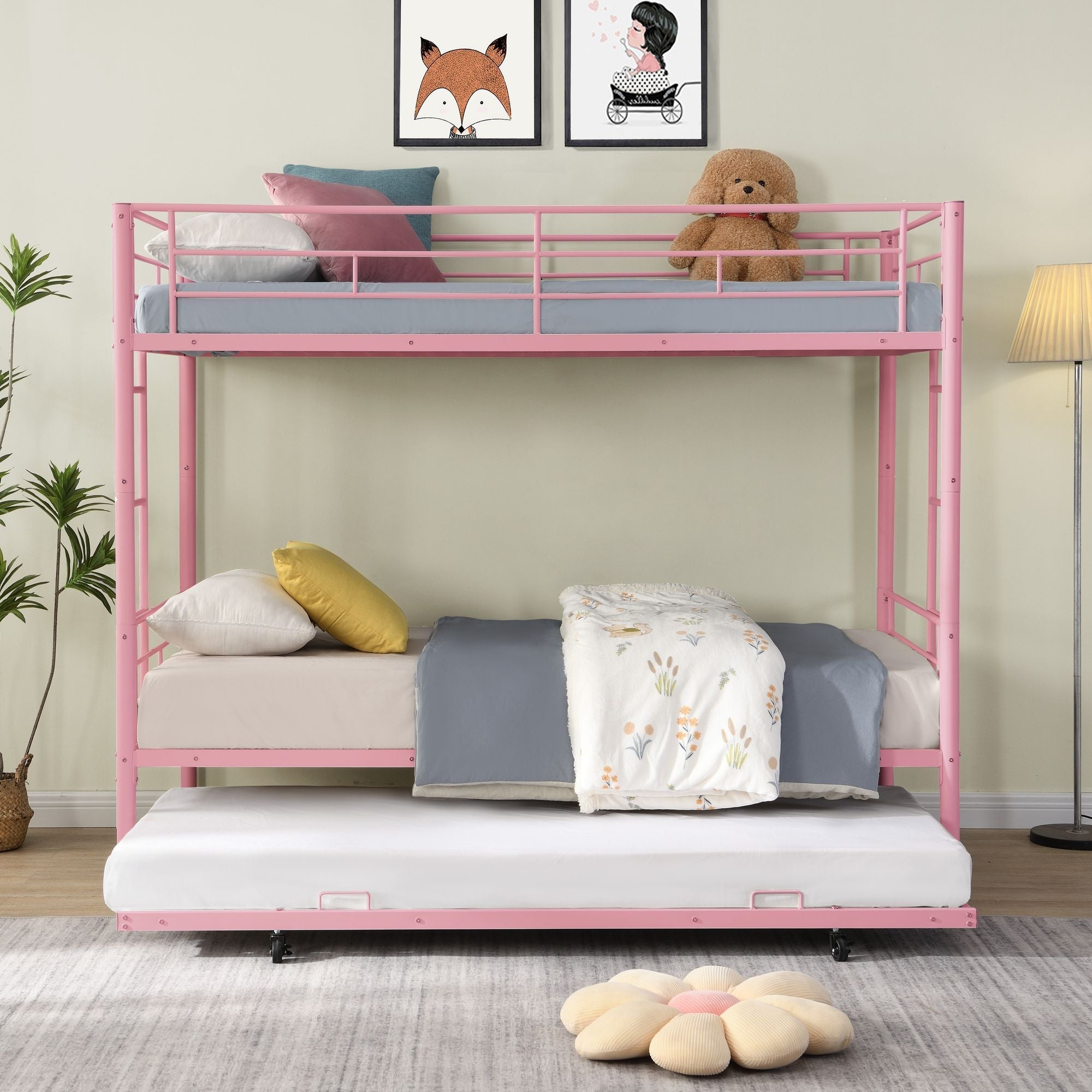 Shared Kids Room Twin Over Twin Metal Bunk Bed with Trundle, Guard Rails, and Two Ladders | Just Better Bunk Beds