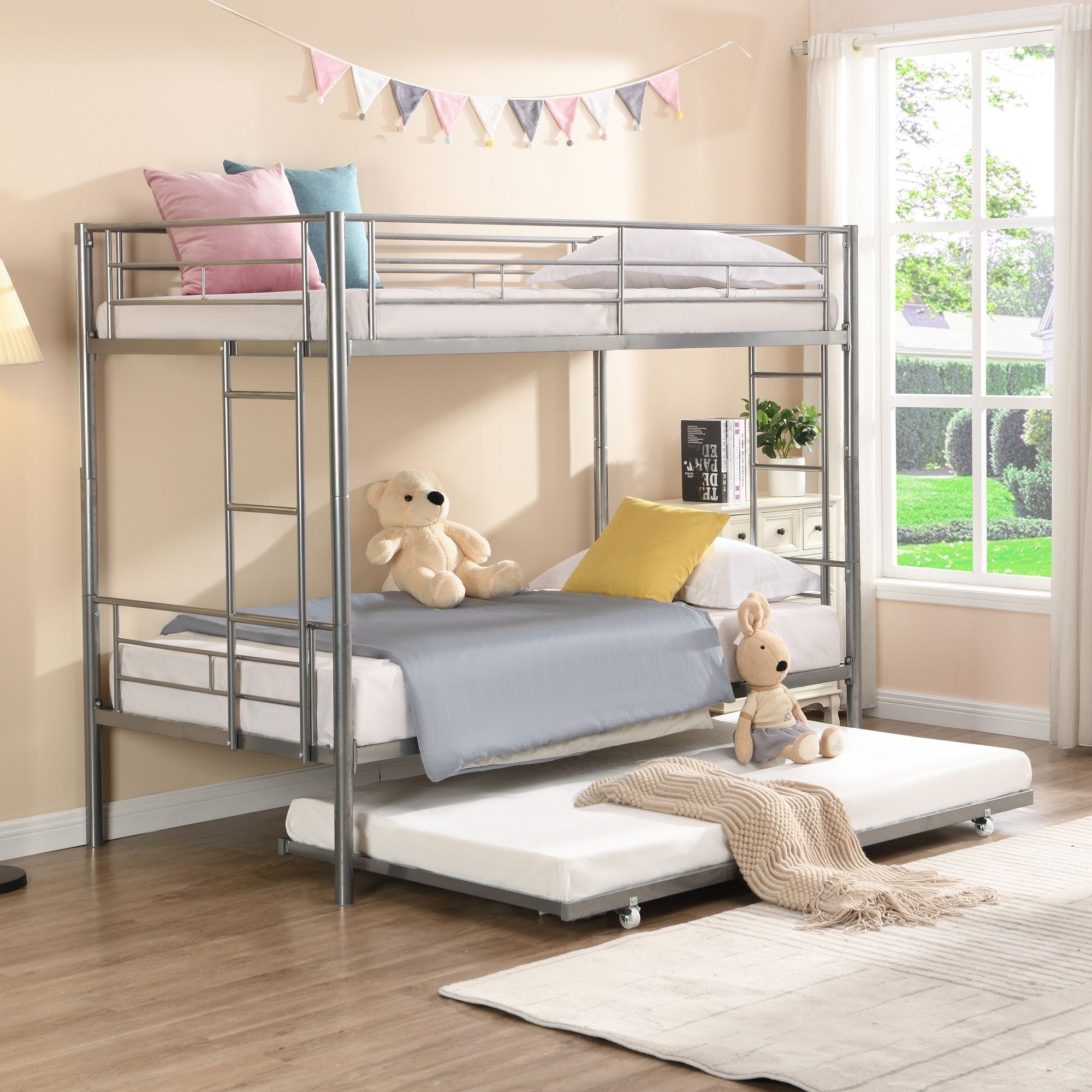 Shared Kids Room Twin Over Twin Metal Bunk Bed with Trundle, Guard Rails, and Two Ladders | Just Better Bunk Beds