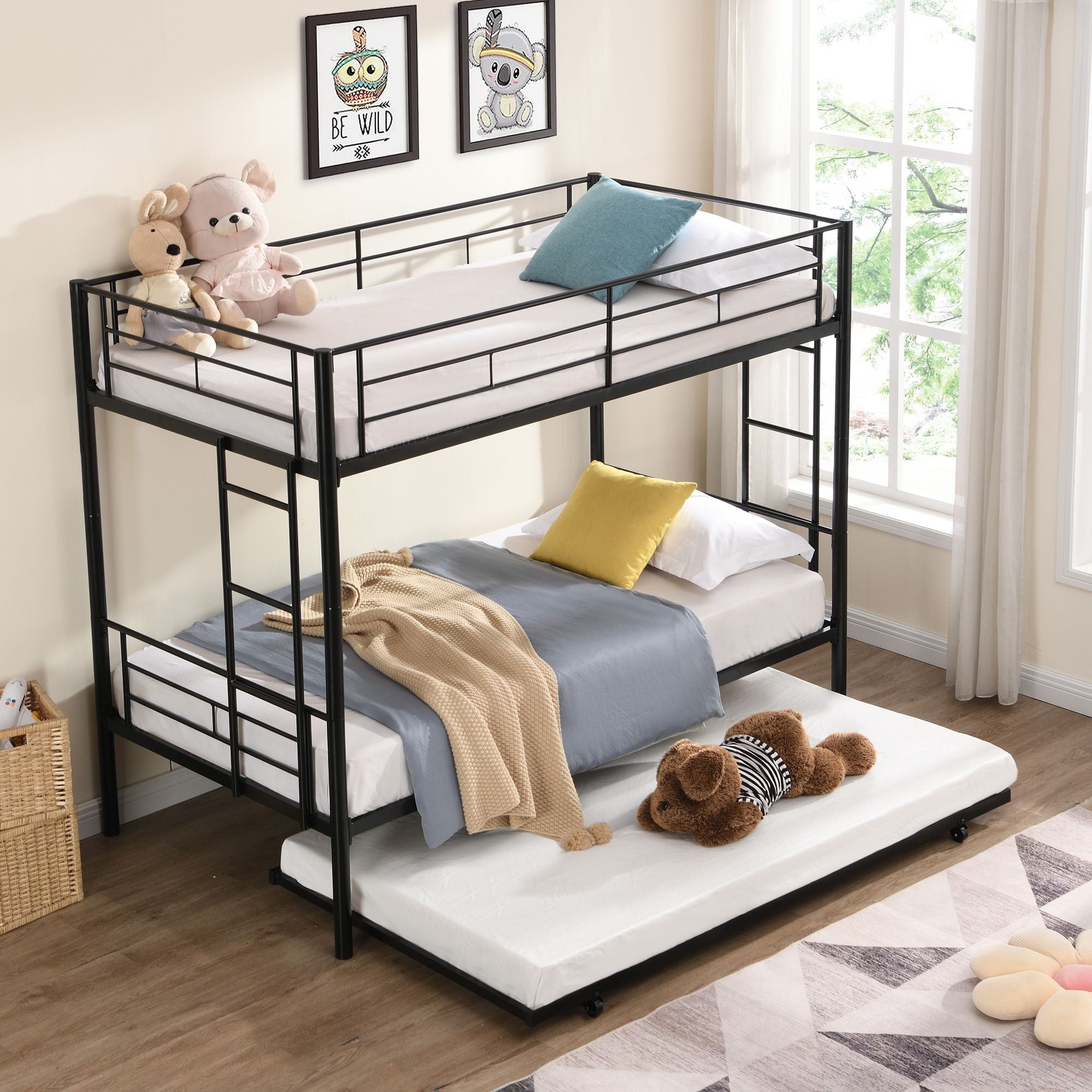 Shared Kids Room Twin Over Twin Metal Bunk Bed with Trundle, Guard Rails, and Two Ladders | Just Better Bunk Beds