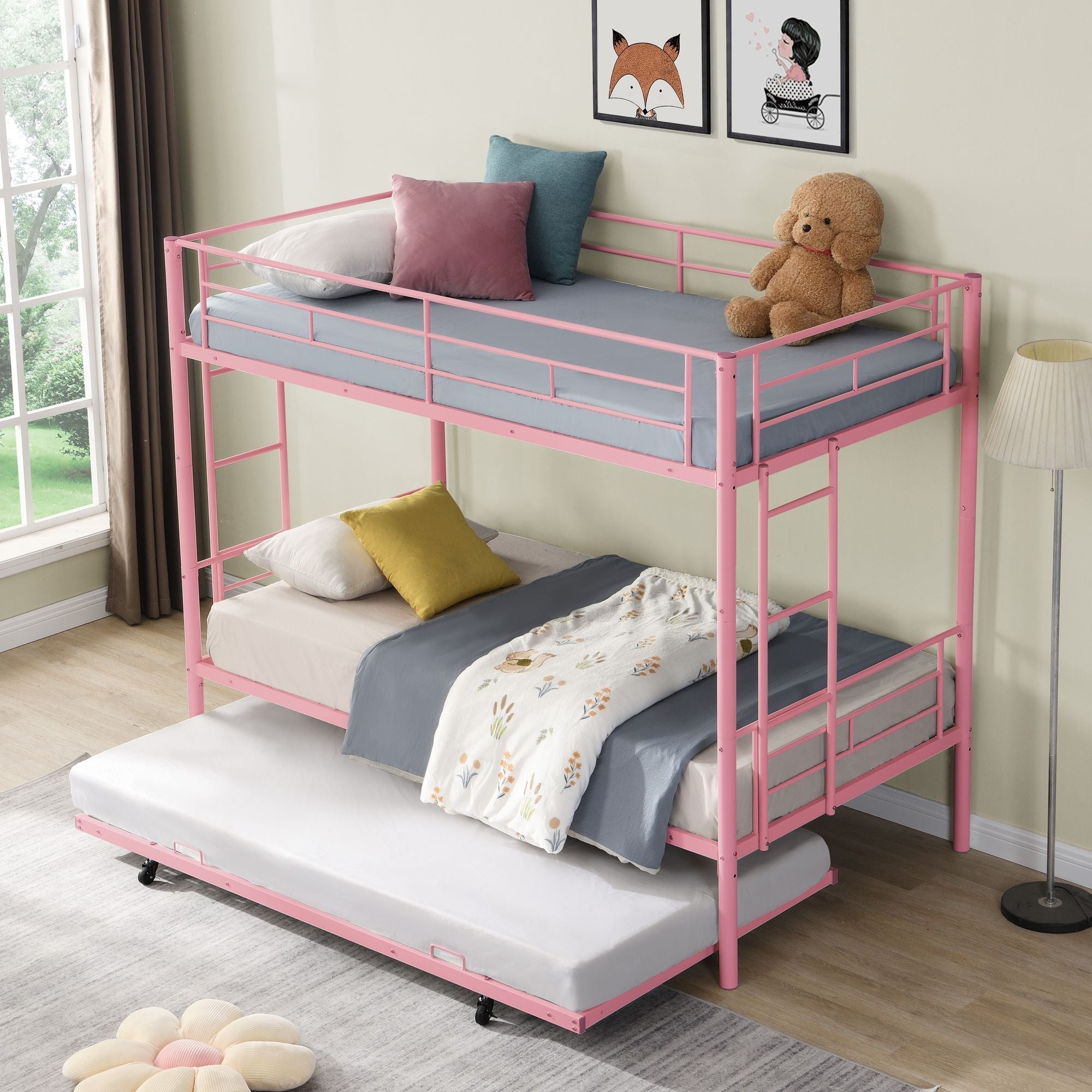 Shared Kids Room Twin Over Twin Metal Bunk Bed with Trundle, Guard Rails, and Two Ladders | Just Better Bunk Beds