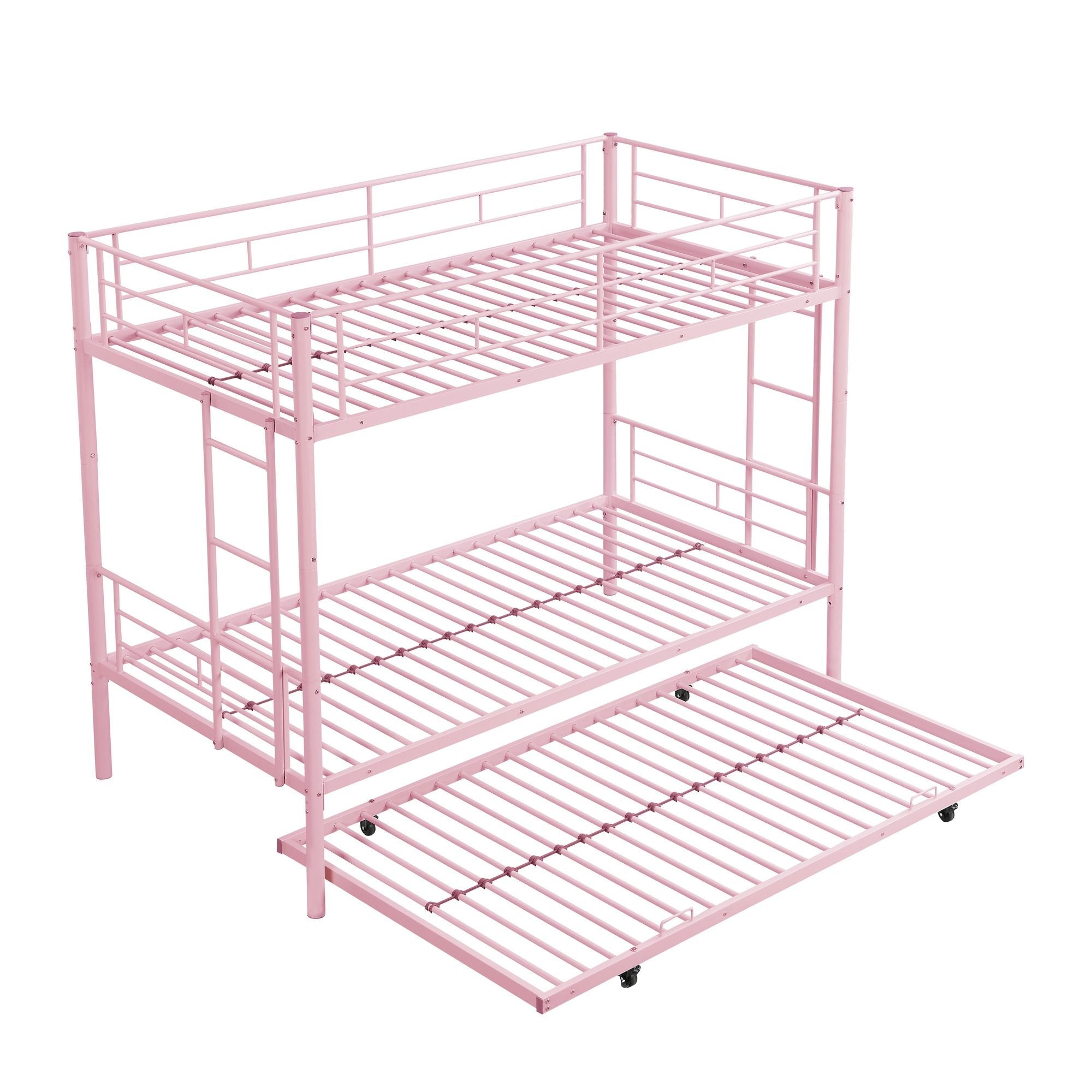 Shared Kids Room Twin Over Twin Metal Bunk Bed with Trundle, Guard Rails, and Two Ladders | Just Better Bunk Beds