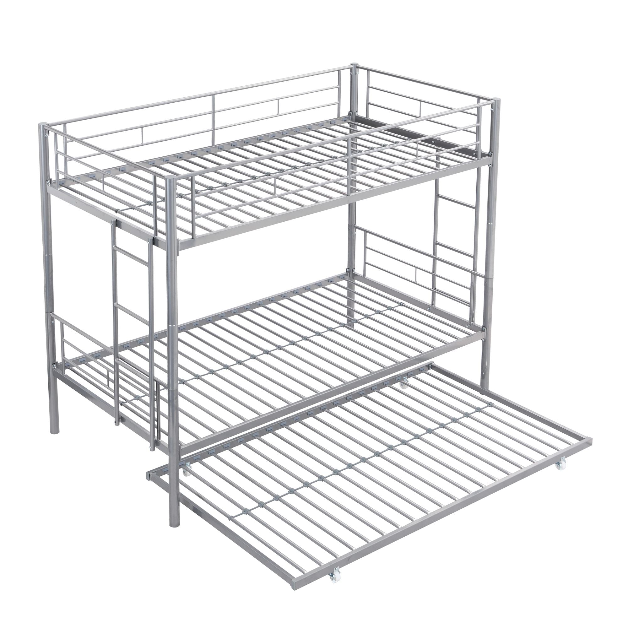 Shared Kids Room Twin Over Twin Metal Bunk Bed with Trundle, Guard Rails, and Two Ladders | Just Better Bunk Beds