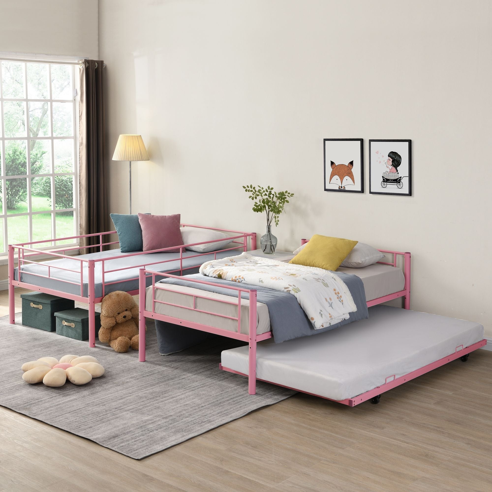 Shared Kids Room Twin Over Twin Metal Bunk Bed with Trundle, Guard Rails, and Two Ladders | Just Better Bunk Beds