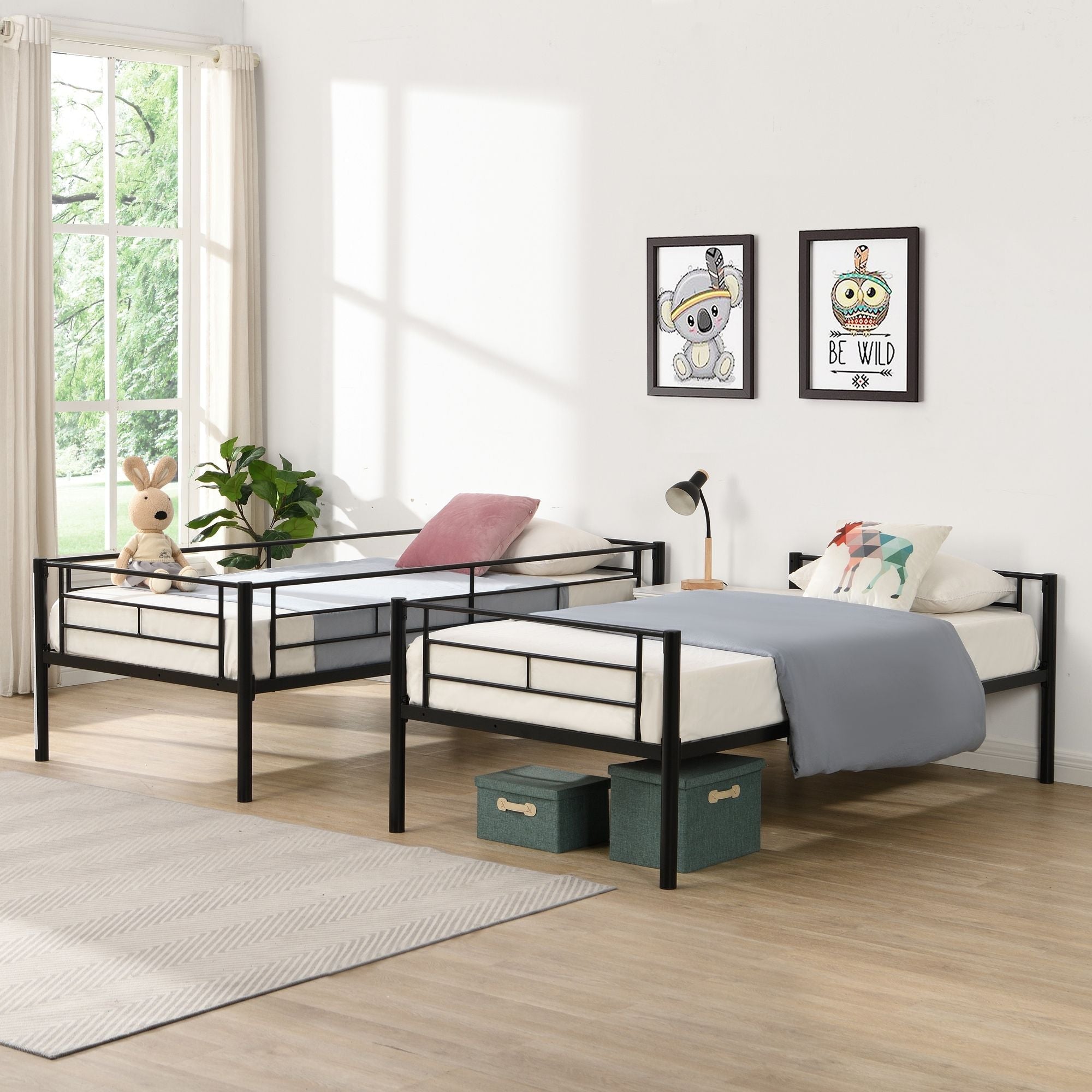 Shared Kids Room Twin Over Twin Metal Bunk Bed with Trundle, Guard Rails, and Two Ladders | Just Better Bunk Beds