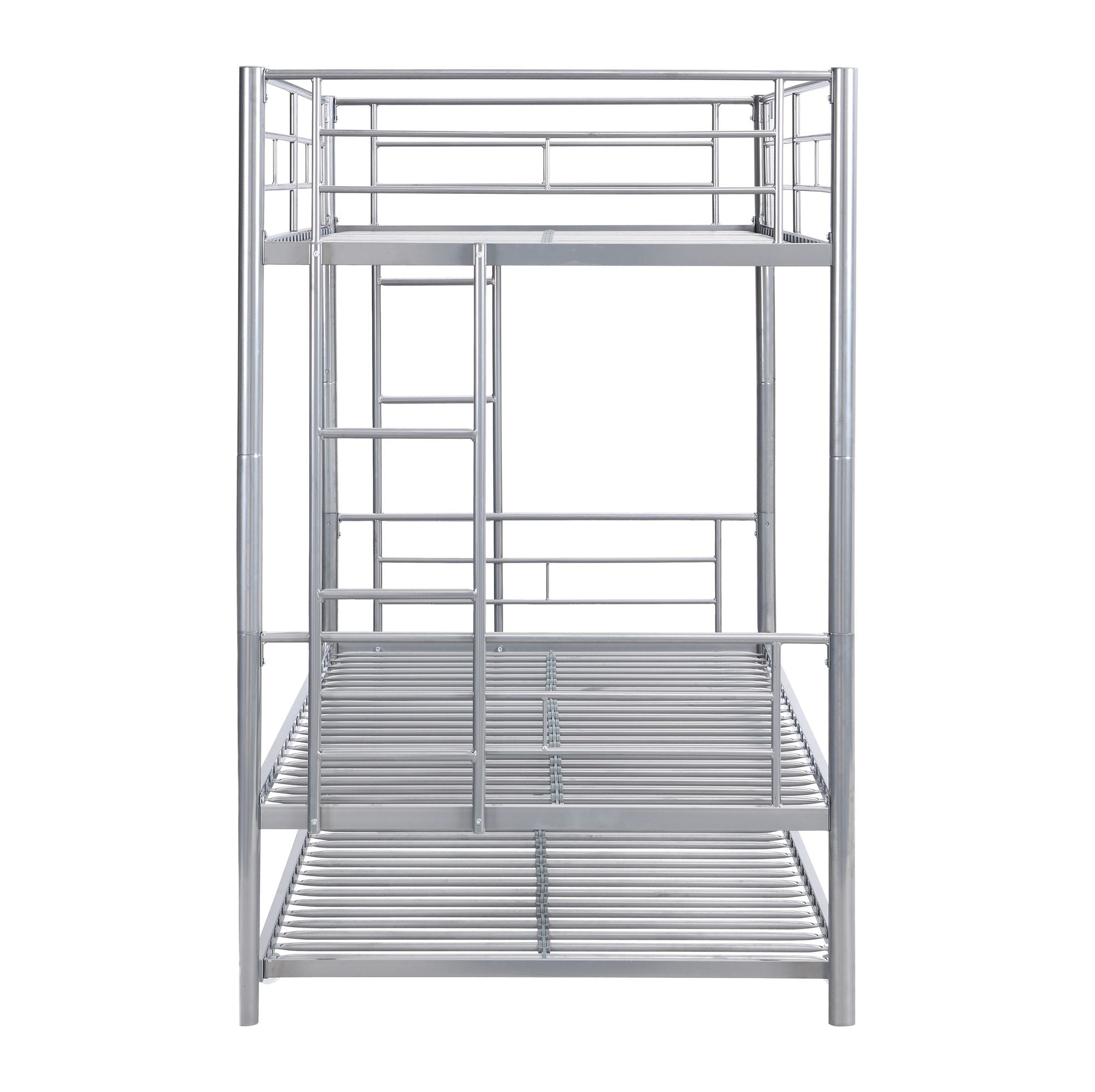 Shared Kids Room Twin Over Twin Metal Bunk Bed with Trundle, Guard Rails, and Two Ladders | Just Better Bunk Beds