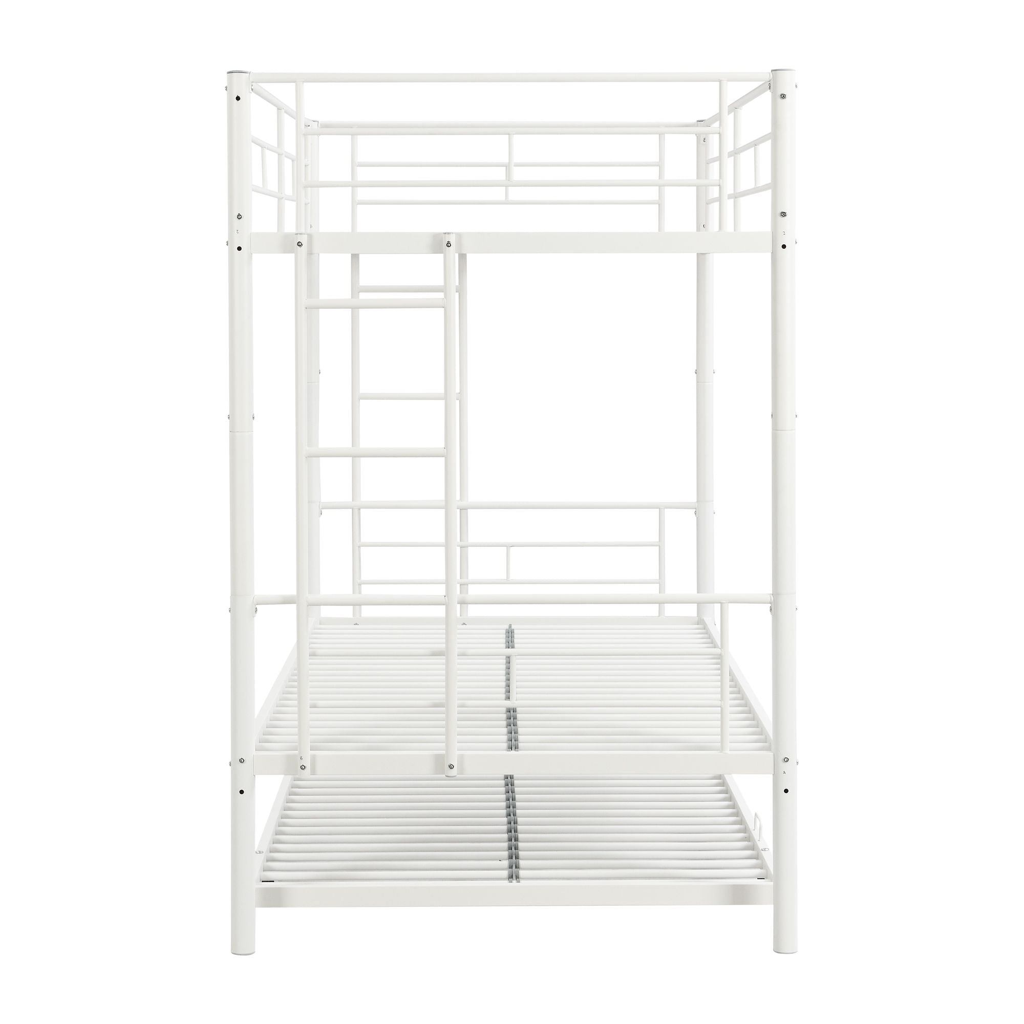 Shared Kids Room Twin Over Twin Metal Bunk Bed with Trundle, Guard Rails, and Two Ladders | Just Better Bunk Beds