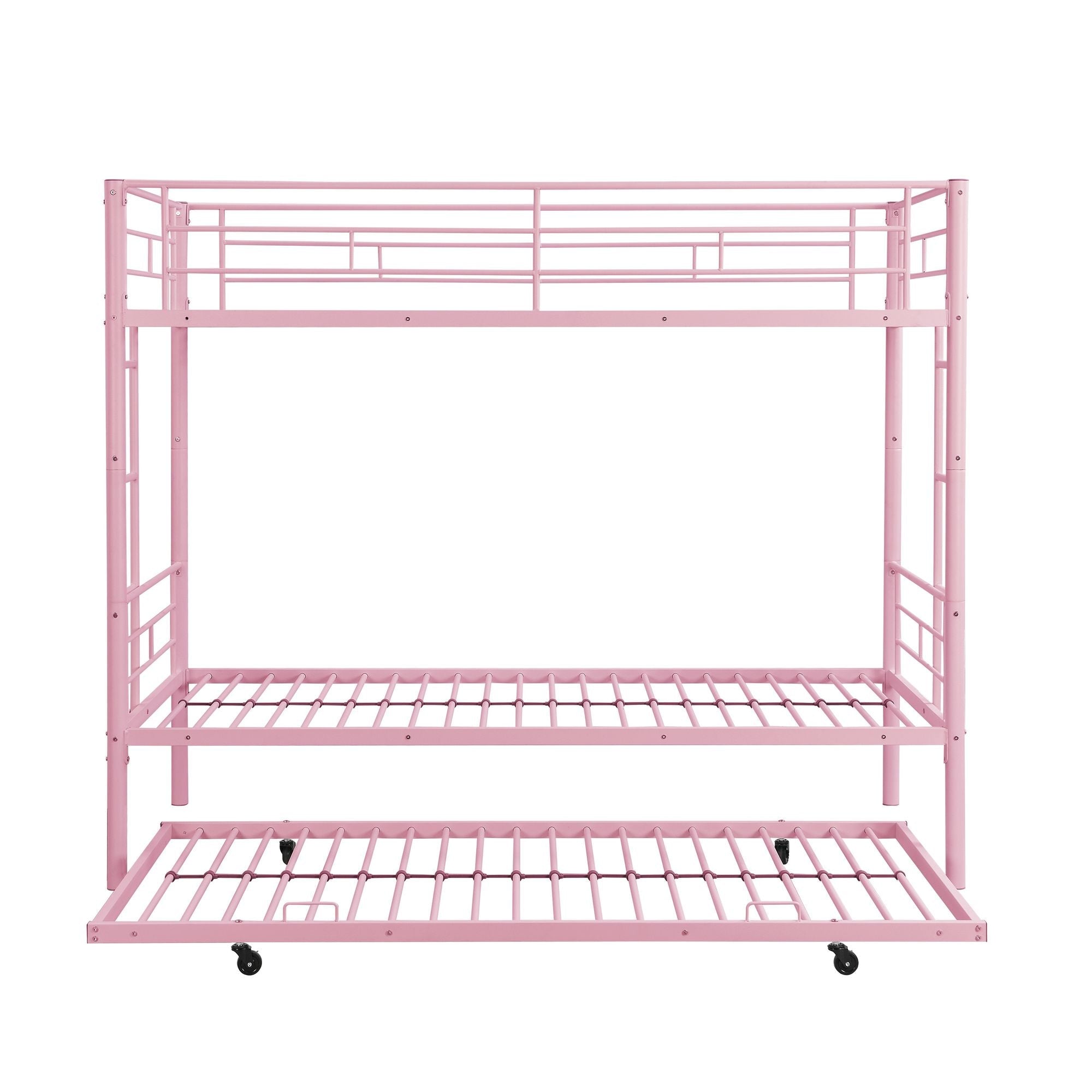 Shared Kids Room Twin Over Twin Metal Bunk Bed with Trundle, Guard Rails, and Two Ladders | Just Better Bunk Beds