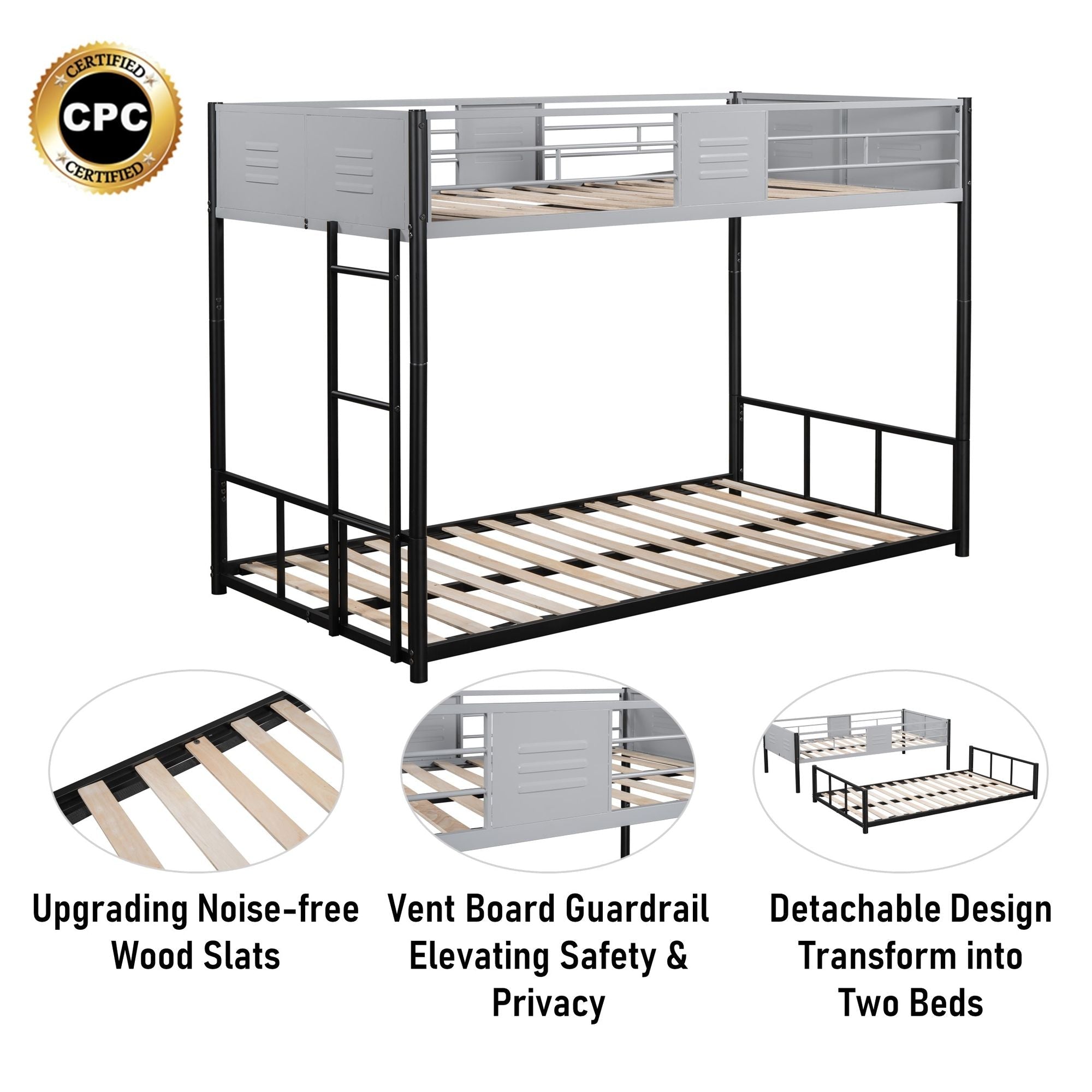 Shared Kids Room Twin Over Twin Metal Bunk Bed with Vent Board and Safety Guardrails, Black | Just Better Bunk Beds