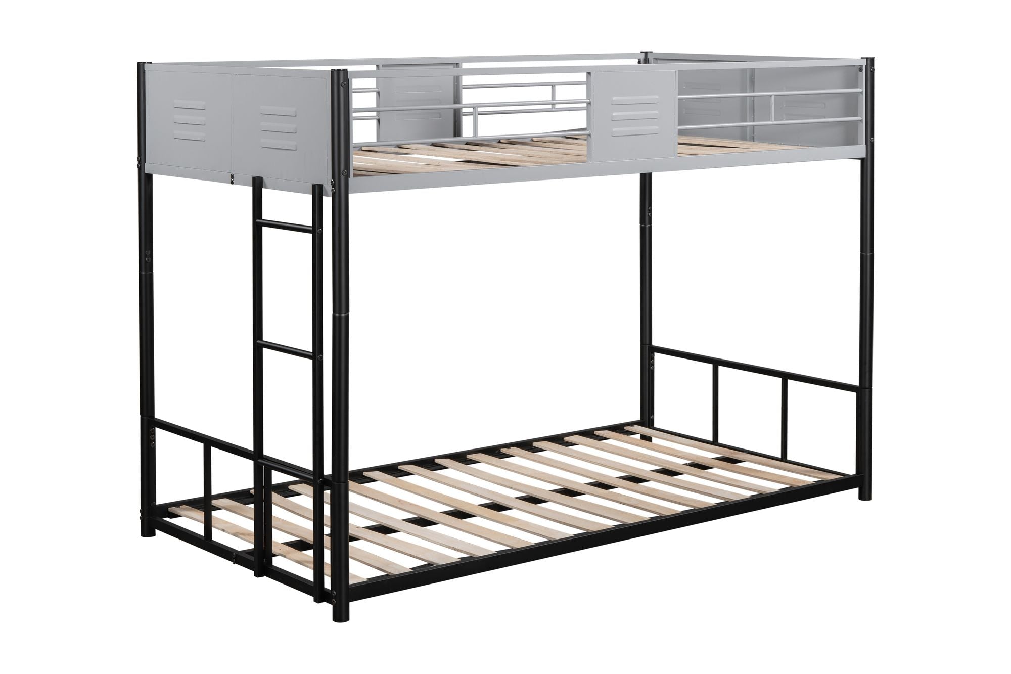 Shared Kids Room Twin Over Twin Metal Bunk Bed with Vent Board and Safety Guardrails, Black | Just Better Bunk Beds