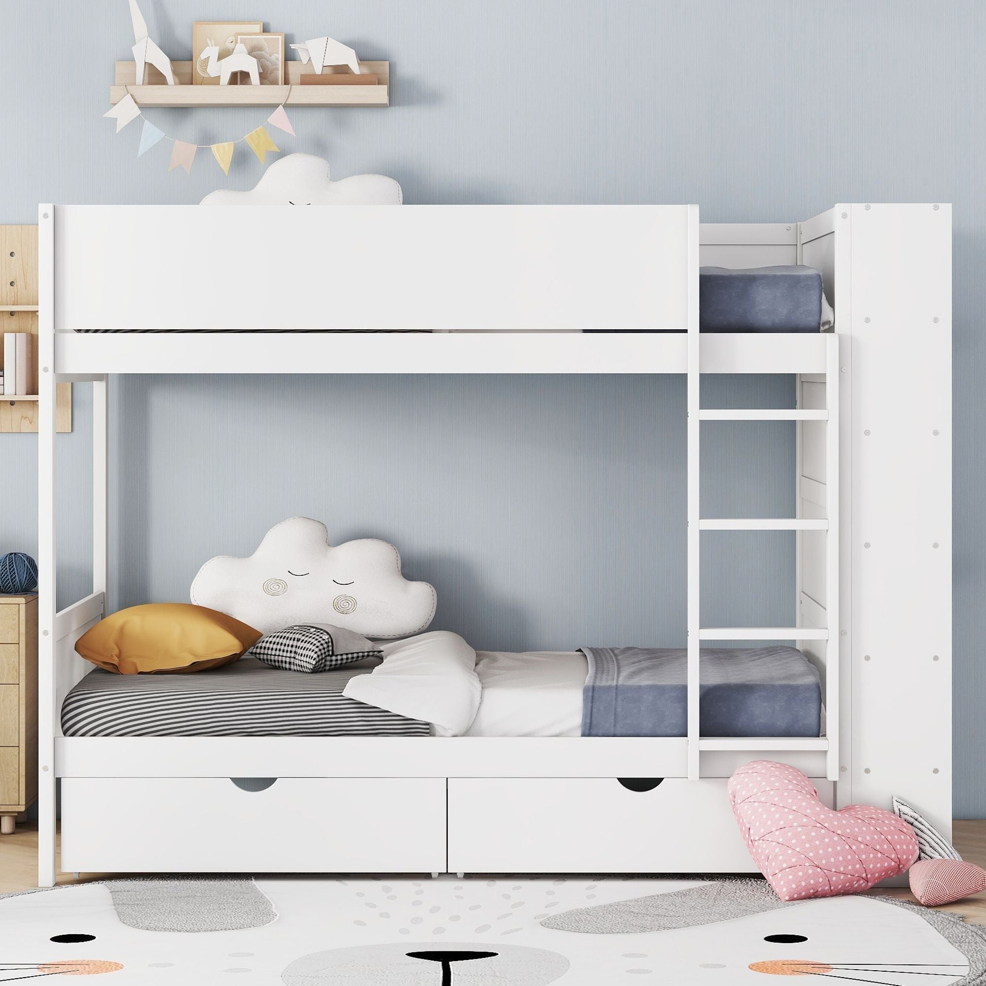 Shared Kids Room Twin Over Twin Wood Bunk Bed with Storage Drawers and Multi-Layer Cabinet White | Just Better Bunk Beds