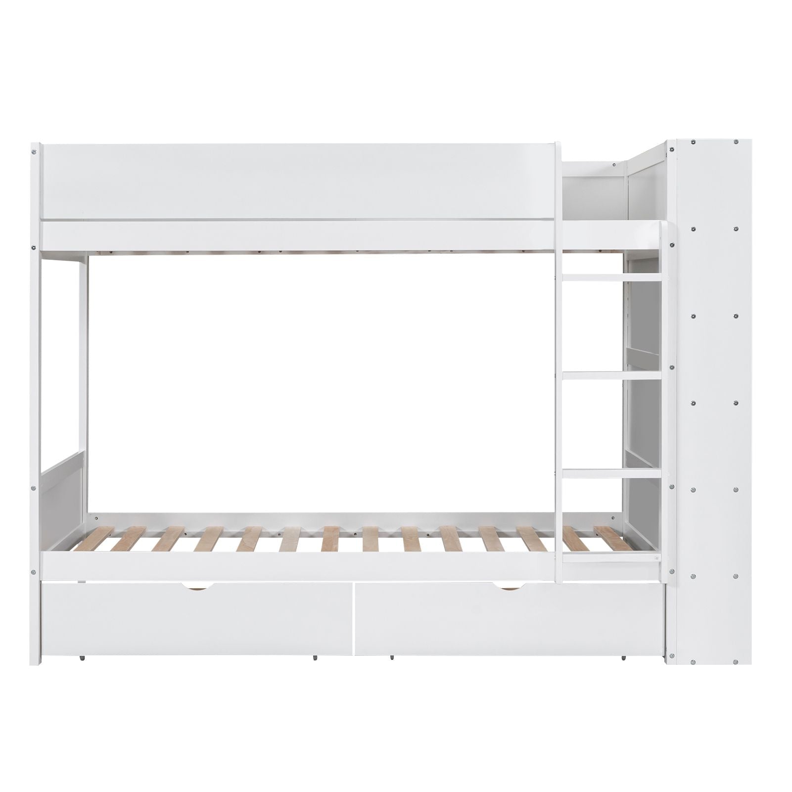 Shared Kids Room Twin Over Twin Wood Bunk Bed with Storage Drawers and Multi-Layer Cabinet White | Just Better Bunk Beds