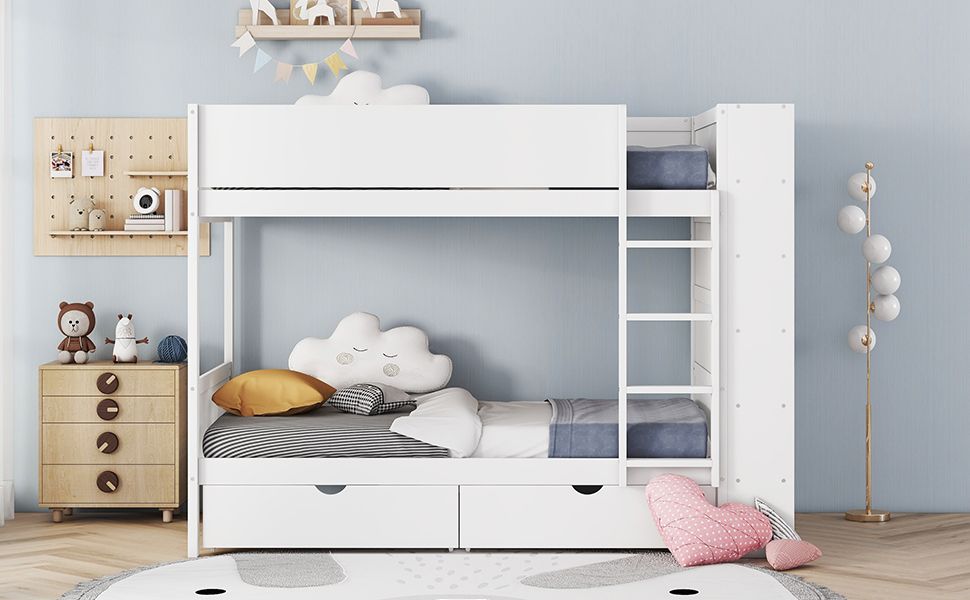 Shared Kids Room Twin Over Twin Wood Bunk Bed with Storage Drawers and Multi-Layer Cabinet White | Just Better Bunk Beds