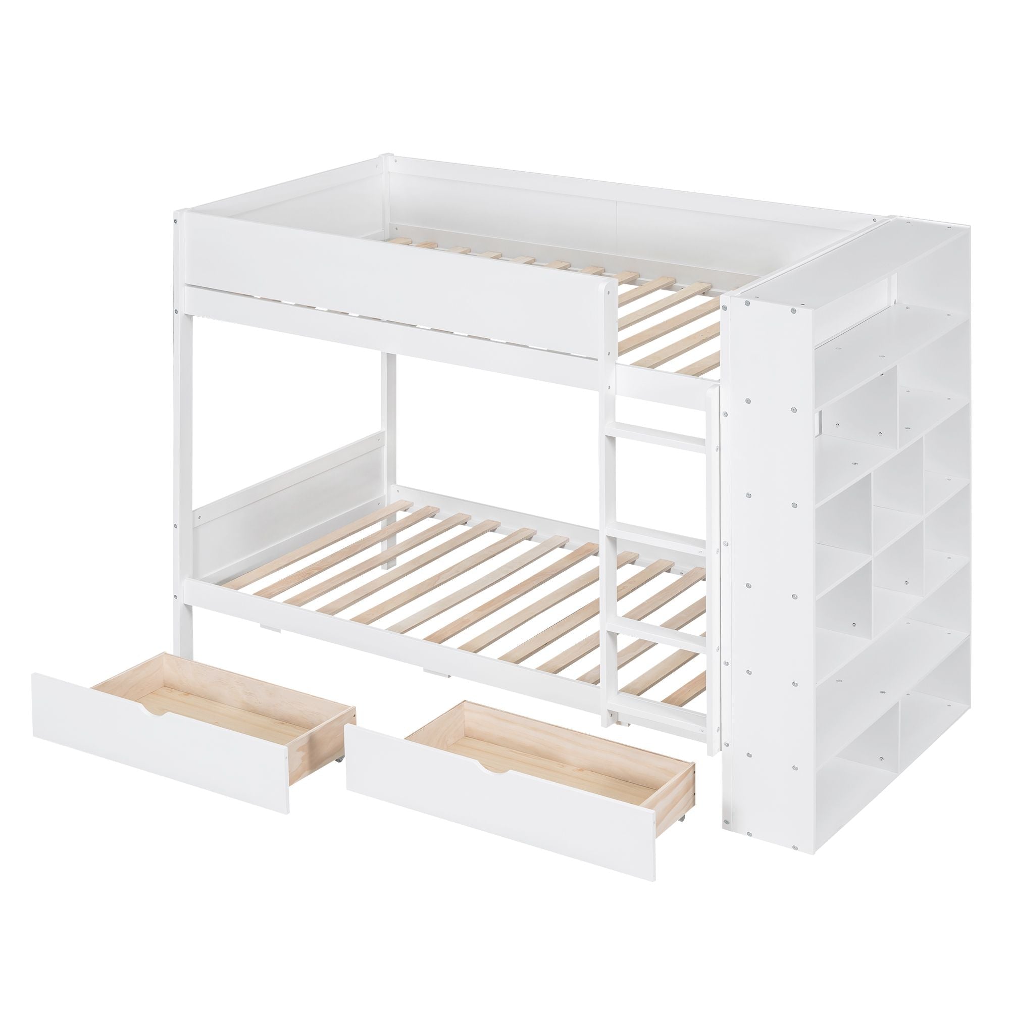 Shared Kids Room Twin Over Twin Wood Bunk Bed with Storage Drawers and Multi-Layer Cabinet White | Just Better Bunk Beds