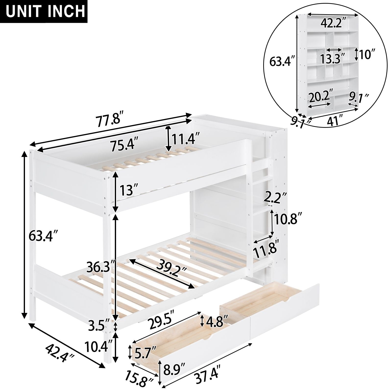 Shared Kids Room Twin Over Twin Wood Bunk Bed with Storage Drawers and Multi-Layer Cabinet White | Just Better Bunk Beds