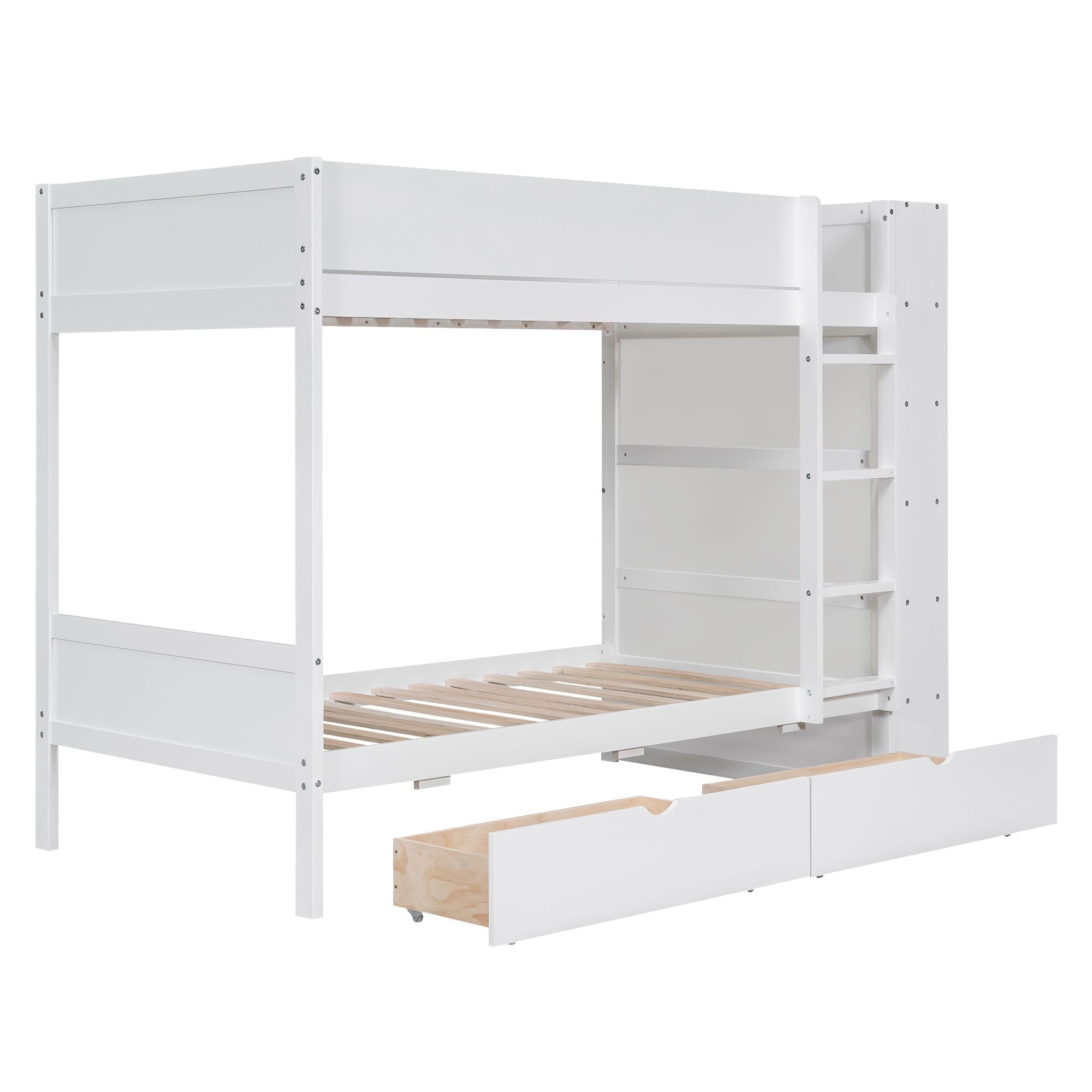 Shared Kids Room Twin Over Twin Wood Bunk Bed with Storage Drawers and Multi-Layer Cabinet White | Just Better Bunk Beds